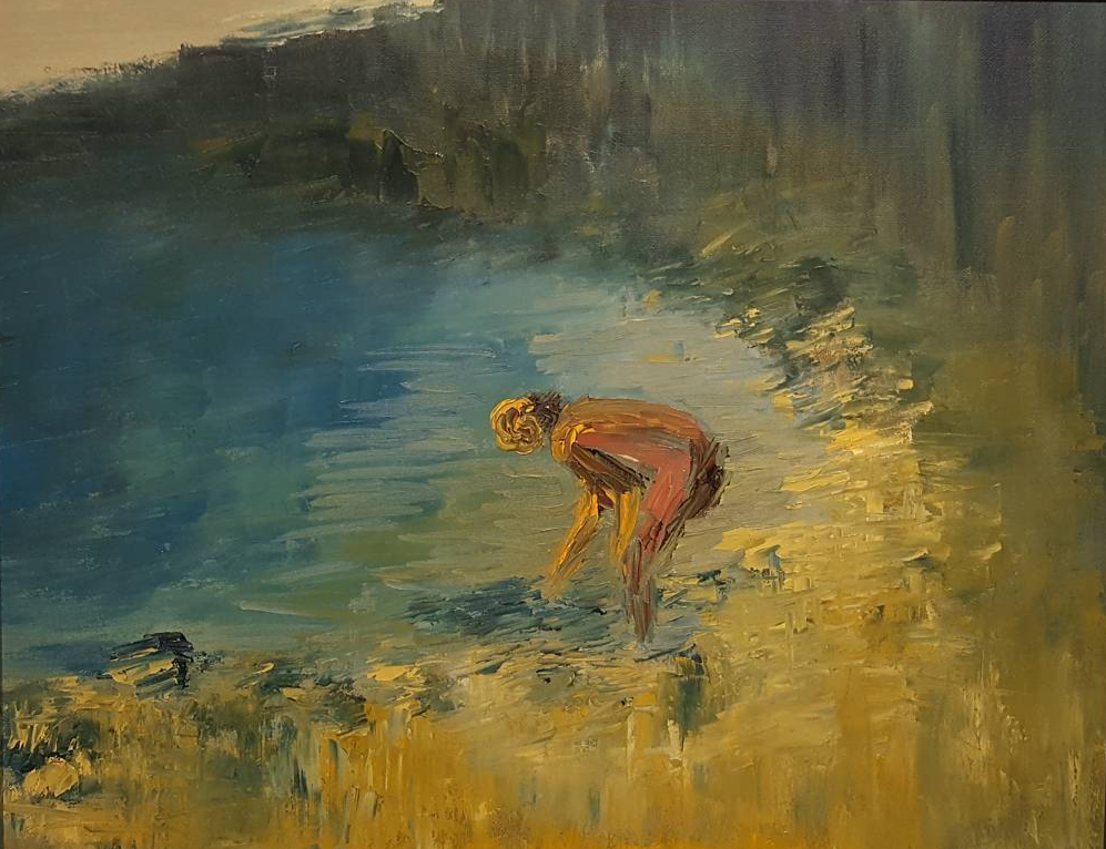 A woman in a pink outfit bending down on a beach or shoreline, with water and sandy terrain around her, painted in an impressionistic style.
