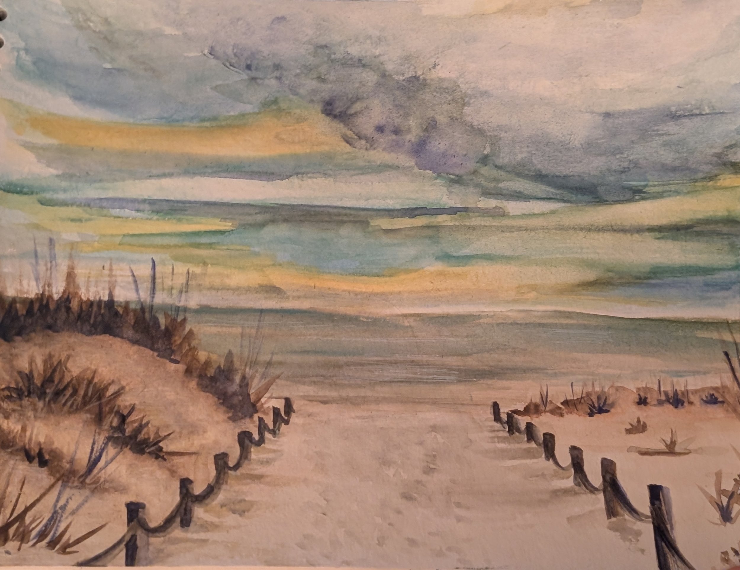 Watercolor painting of a landscape with a cloudy sky over a field with fencing in the foreground.