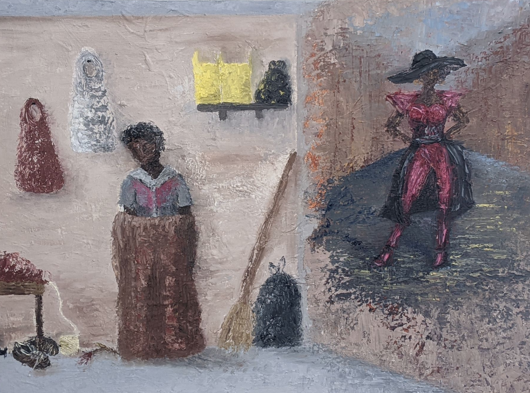A painting depicting two women and a child. One woman is wearing a pink dress and a large hat, standing in a space with a brick wall and textured ground. The other woman is in a patterned outfit with a skirt and a black hat, standing near some hanging purses and a shelf with yellow and black objects. The child, with curly hair, is standing near the woman in patterned clothing, facing away from the viewer.
