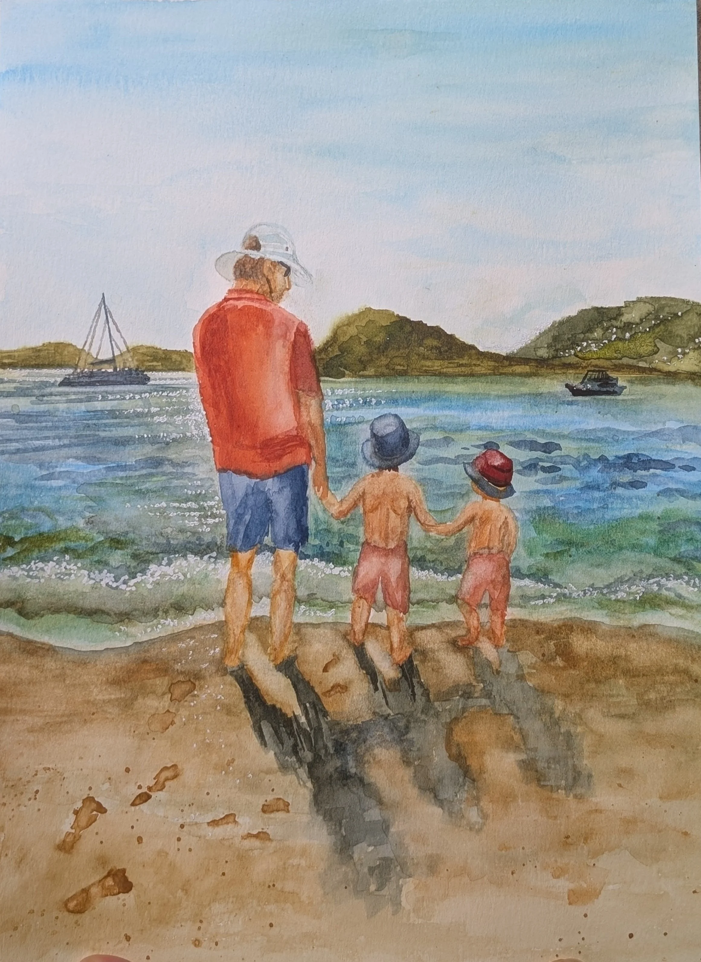 A watercolor painting of a seaside scene with a woman and two children walking along the shore. The woman wears a wide-brimmed hat and a red shirt, holding the hand of one child. The other child wears a red hat. In the background, there are boats on the water and green hills under a blue sky with some clouds.