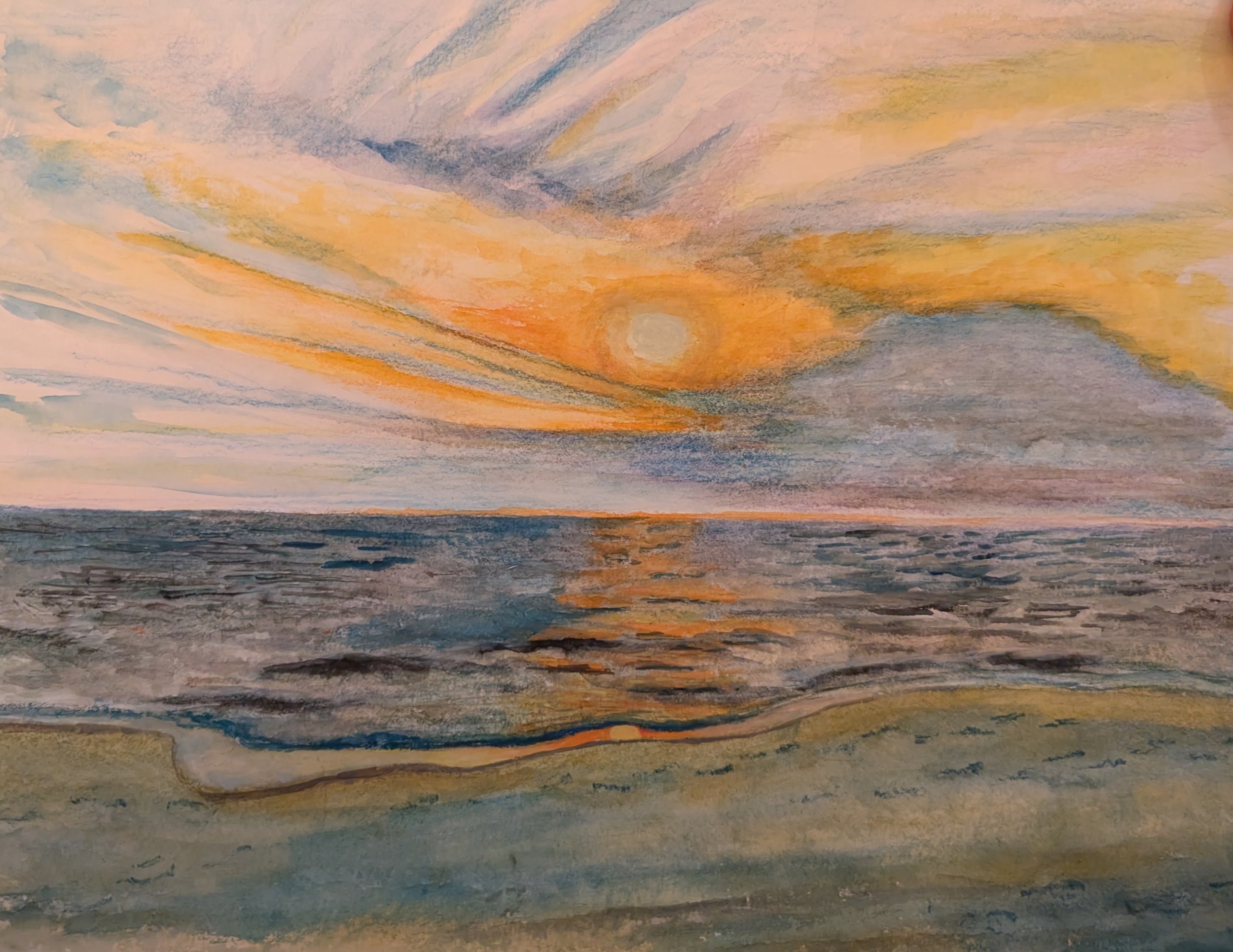 A watercolor painting depicting a sunset sky with clouds and a partially visible body of water.