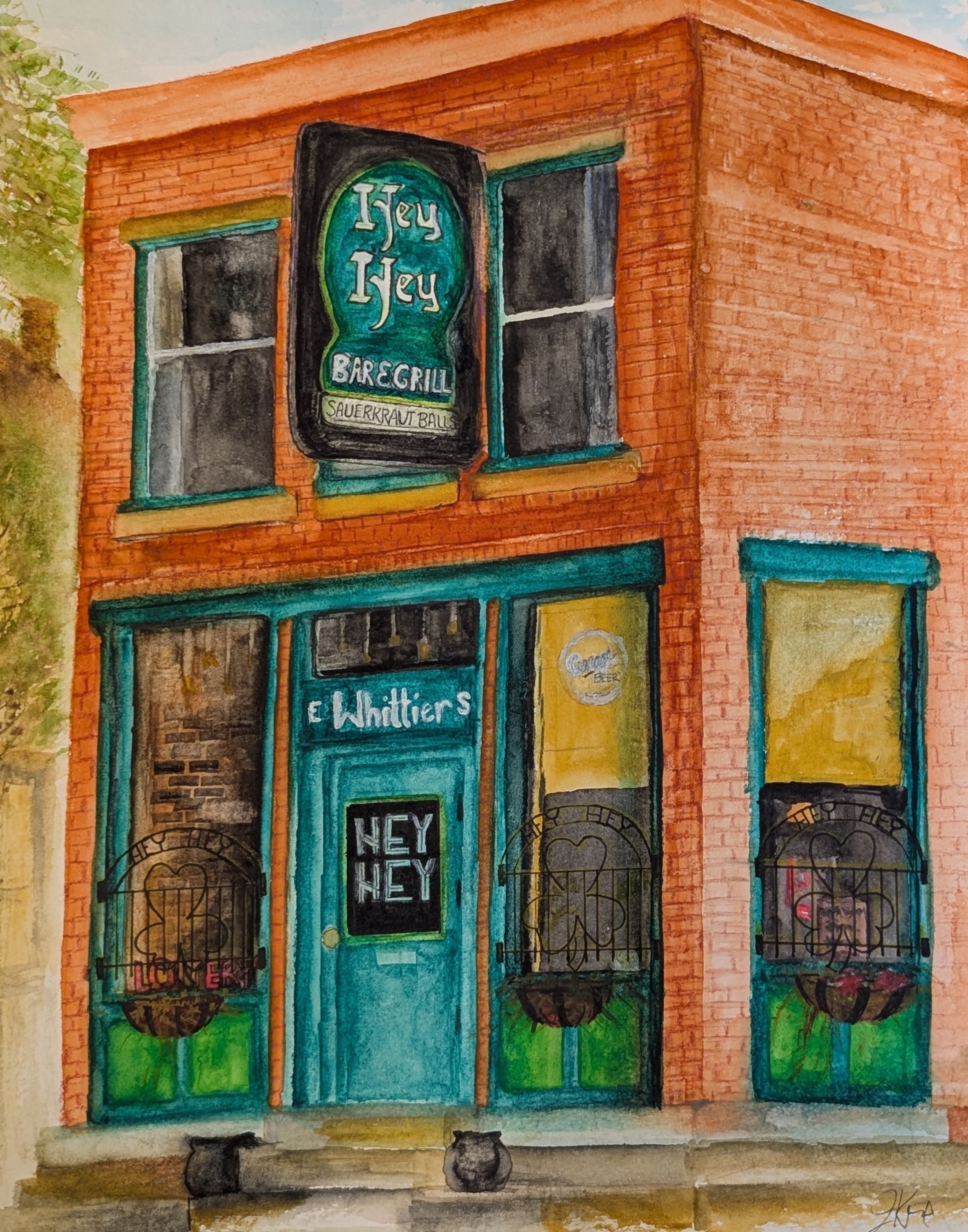 A colorful painting of the front of a brick building with a sign that says 'Hey Hey' and 'Bare Grill', featuring windows, a door, and decorative wrought iron on the lower windows.