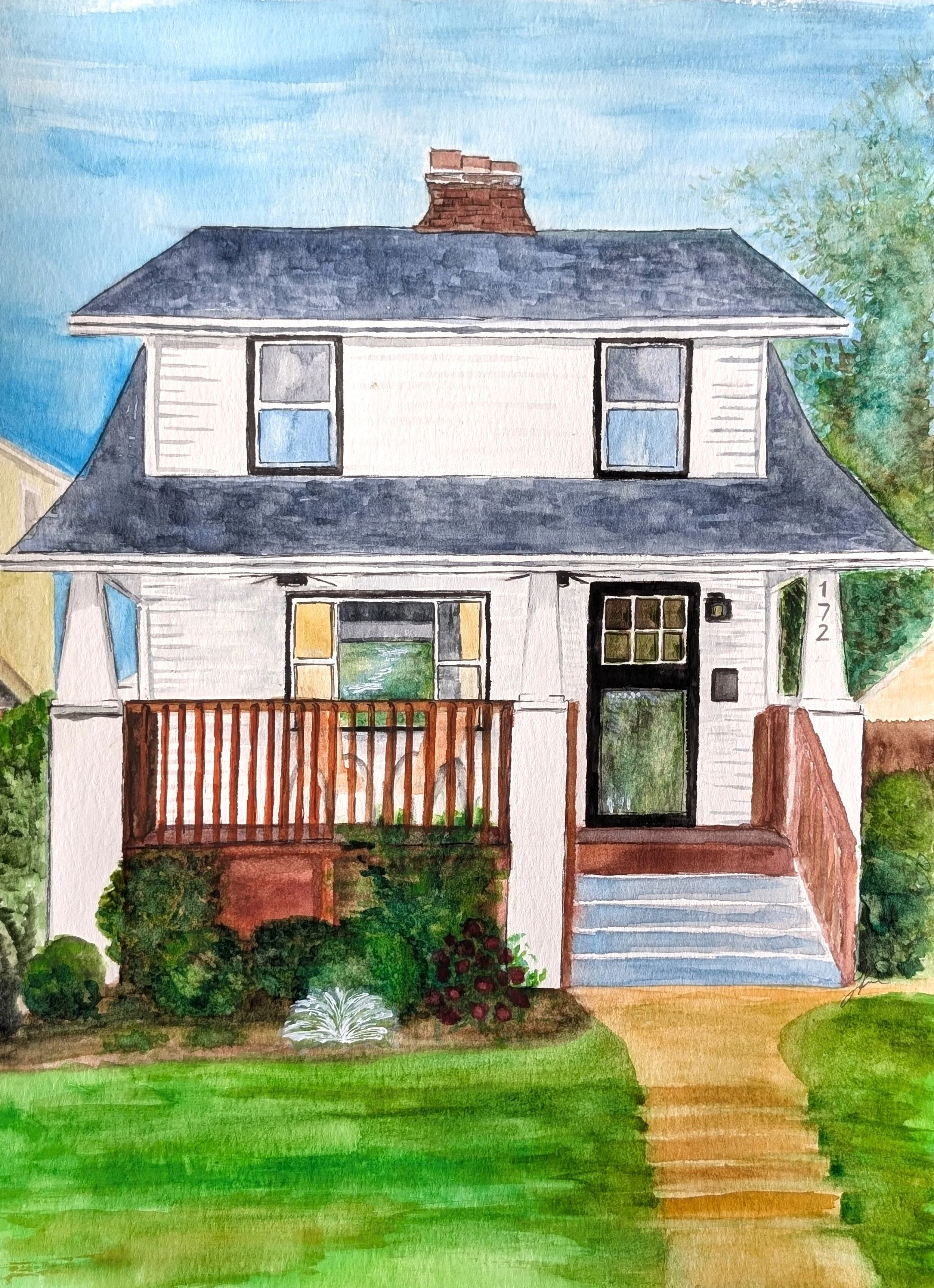 Watercolor painting of a two-story house with white siding, a dark roof, a brick chimney, and a front porch with a wooden railing, surrounded by green grass, shrubs, and trees.