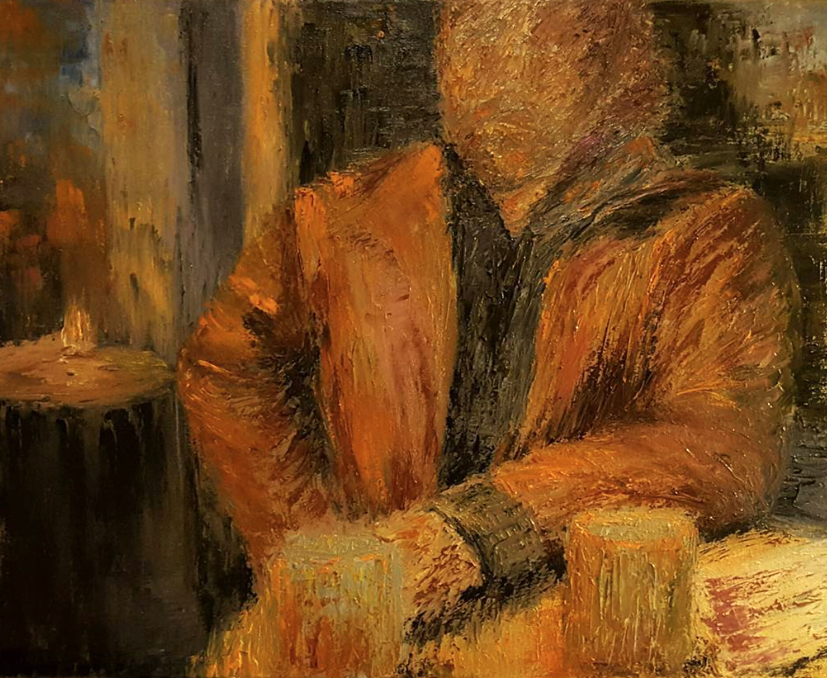 An impressionistic painting of a person with their head resting on their hand, sitting at a table with a mug and a small round object, rendered in warm, earthy tones.