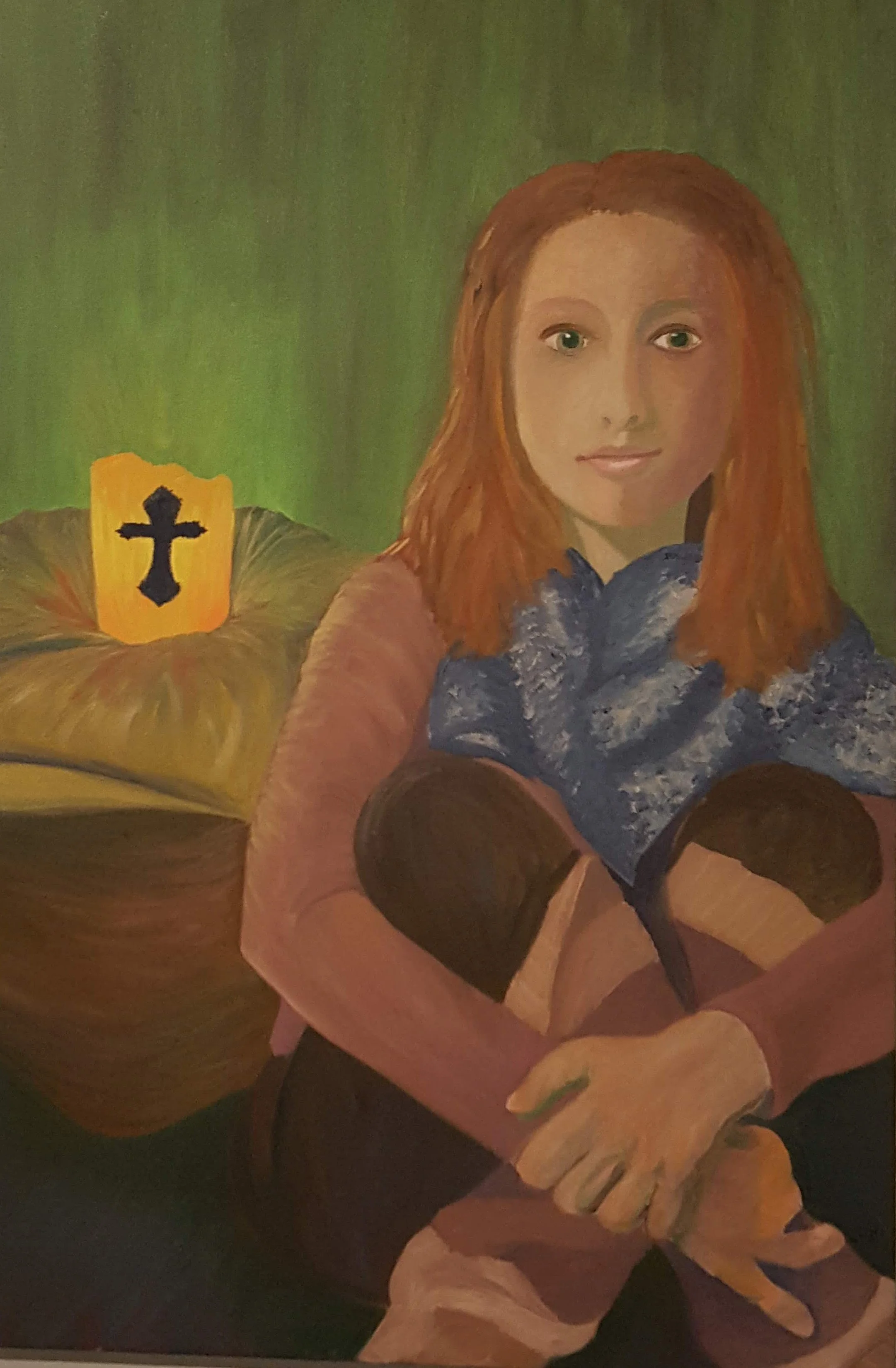 Painting of a woman with long red hair, holding a baby, with a pumpkin that has a black cross on it in the background, set against a green backdrop.