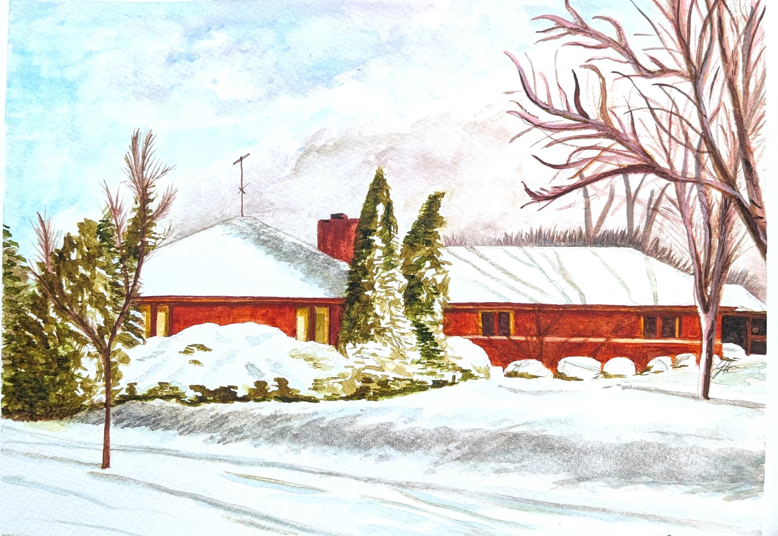 Watercolor painting of a snowy landscape with trees and a brick building with a red chimney, under a cloudy sky.