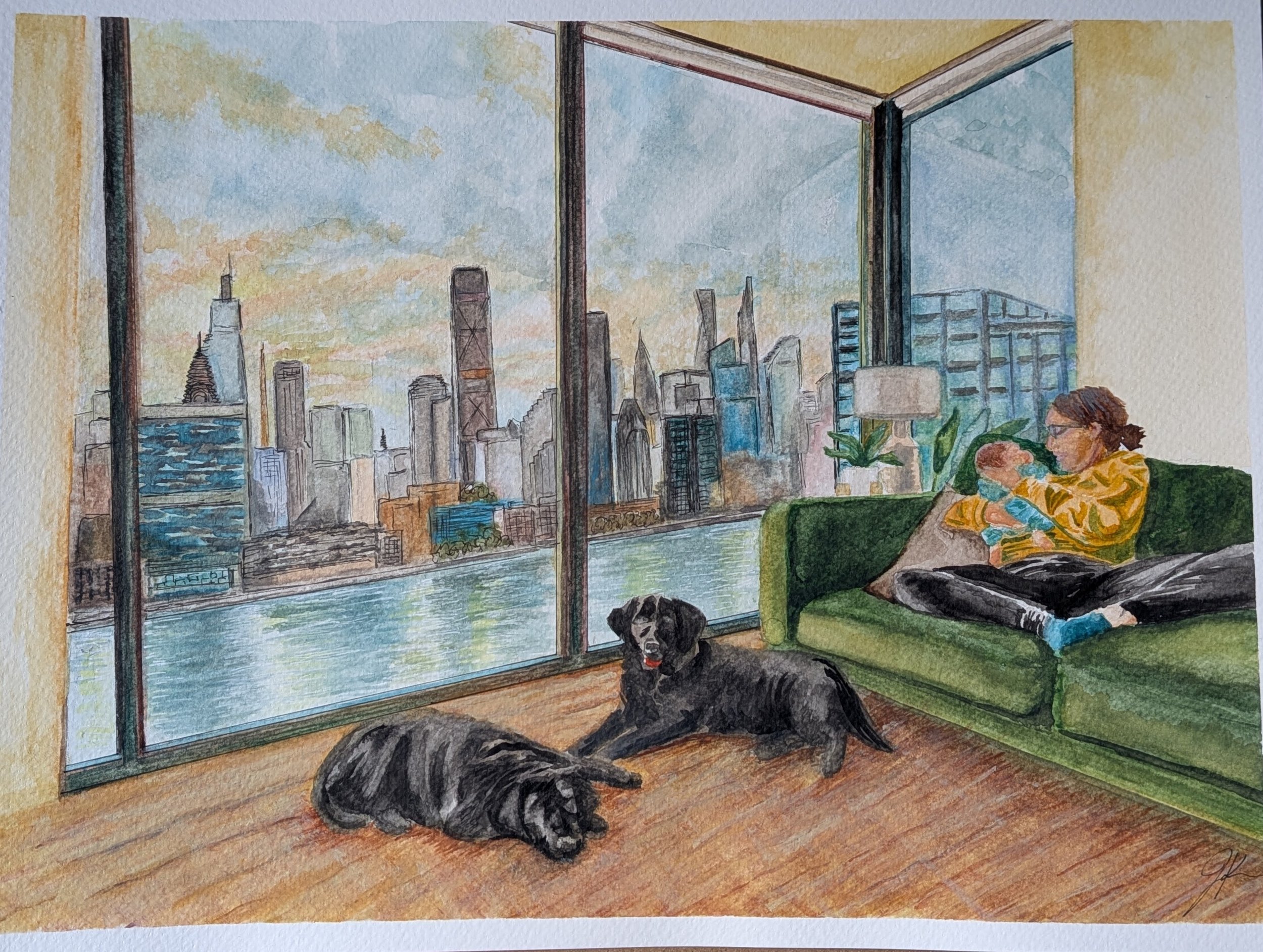Watercolor painting of a city skyline seen through large windows, with two dogs and a person sitting in a green armchair in a cozy living room.