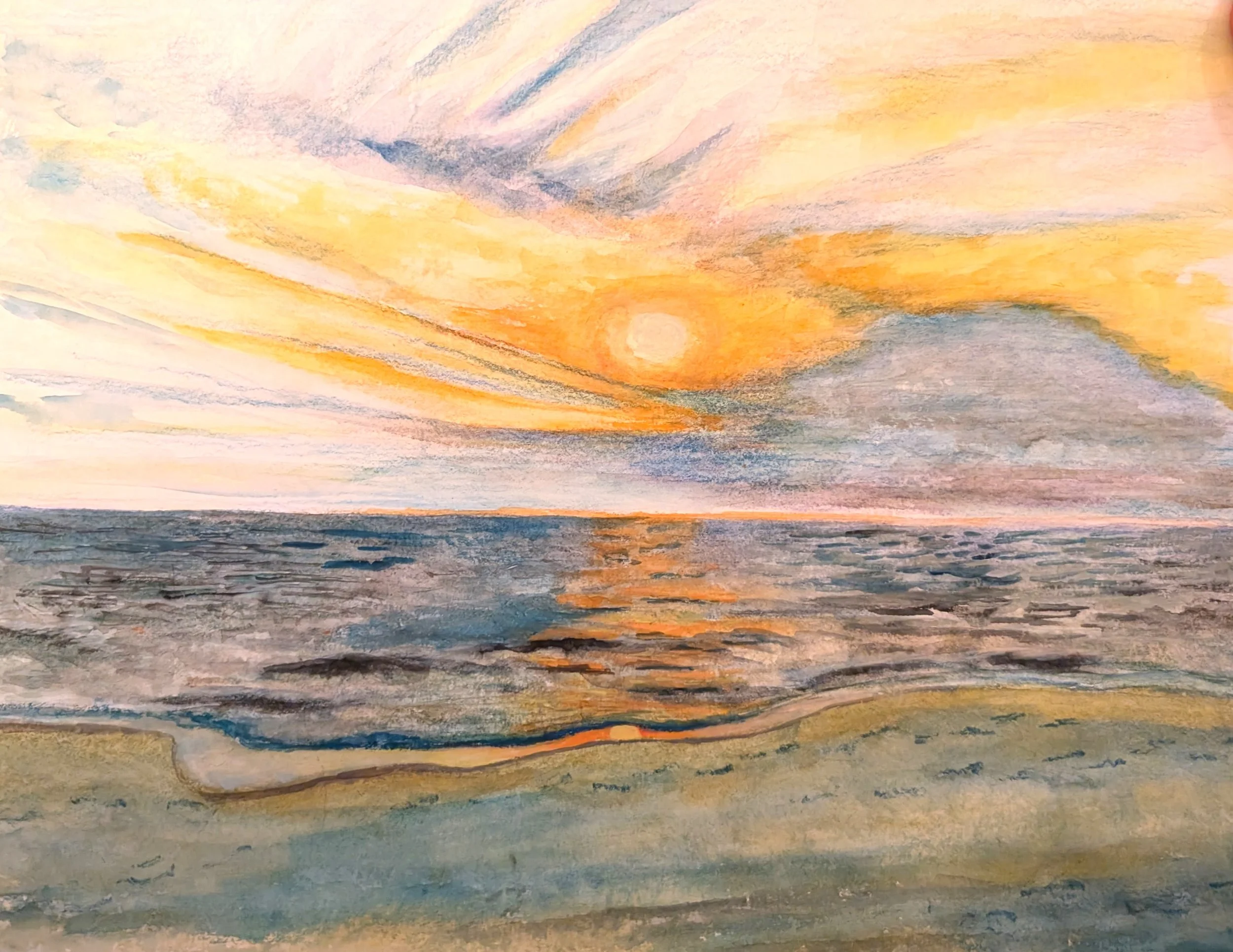 Colorful abstract painting resembling a sunset over water with soft brushstrokes in pastel hues of pink, yellow, orange, blue, and purple.