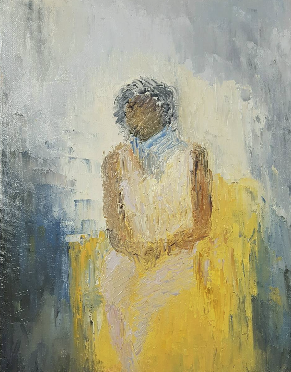 An impressionistic painting of a person with gray hair, sitting with their hands clasped on their lap, wearing a yellow skirt and a brown top, against a textured background with shades of gray, blue, and yellow.