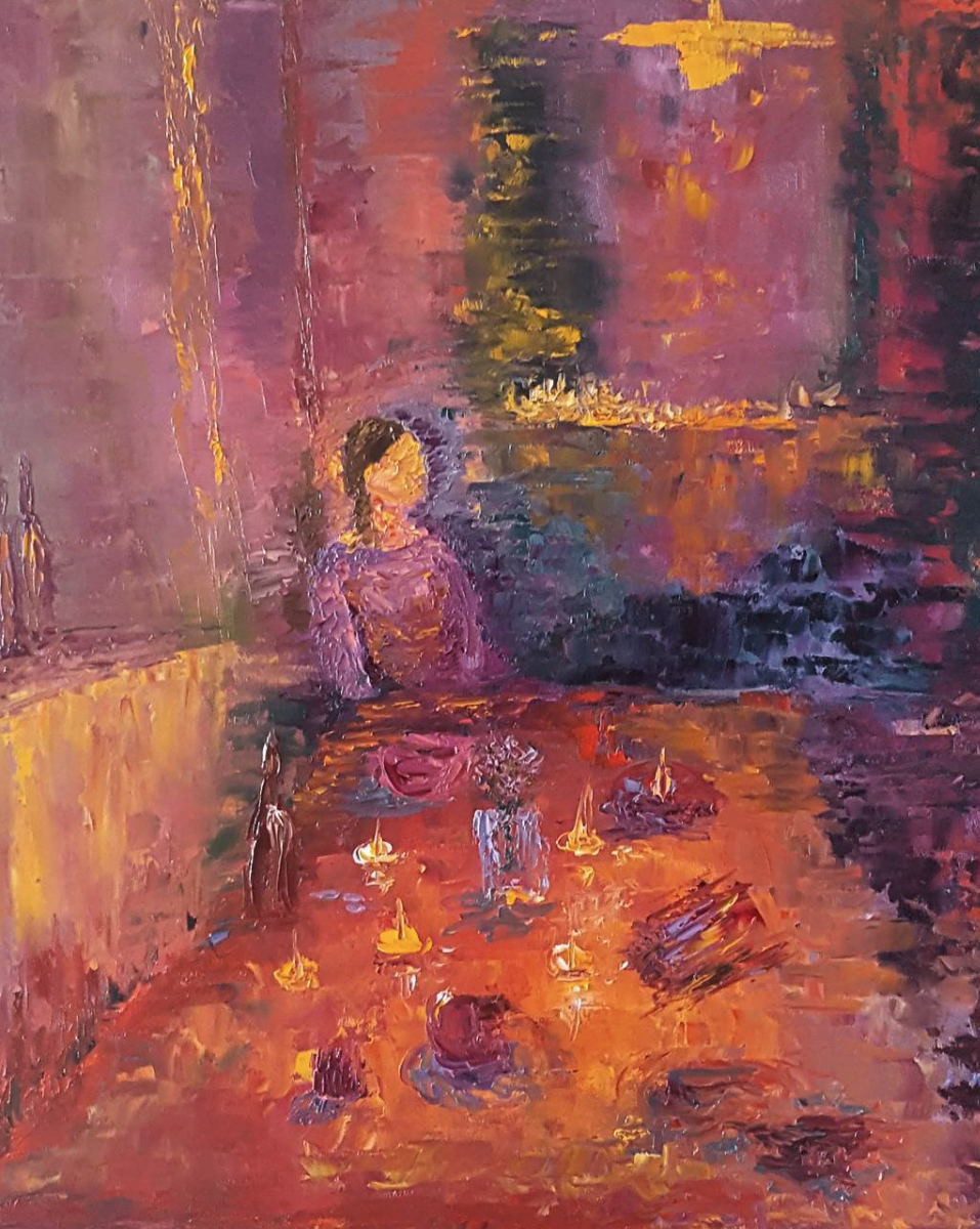 An impressionistic oil painting of a woman sitting at a table with lit candles, using warm colors like orange, red, purple, and yellow.