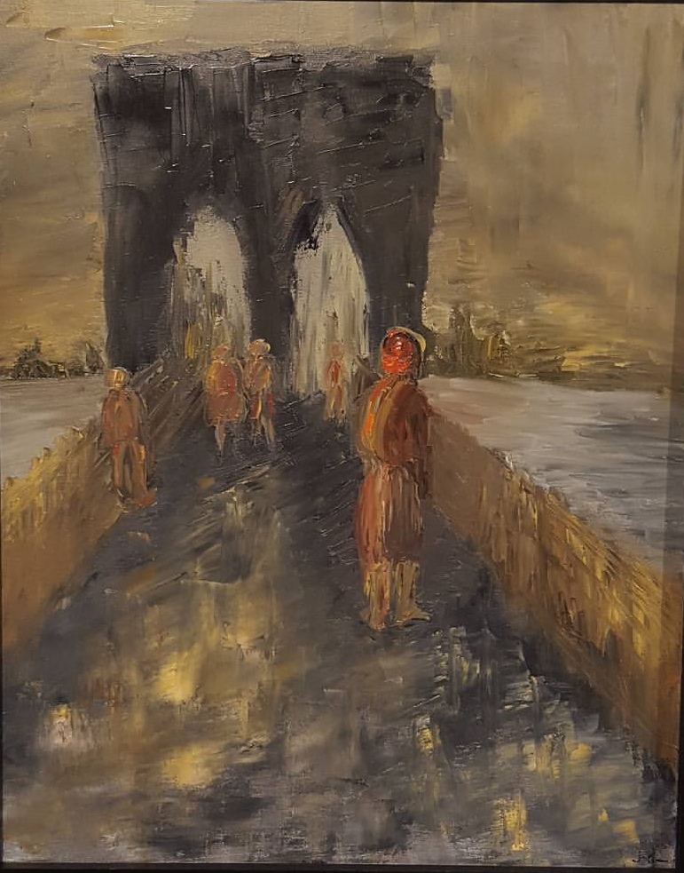 An abstract painting depicting a group of four hooded monks walking towards a large dark entrance. The scene is painted in earthy tones with visible brushstrokes.