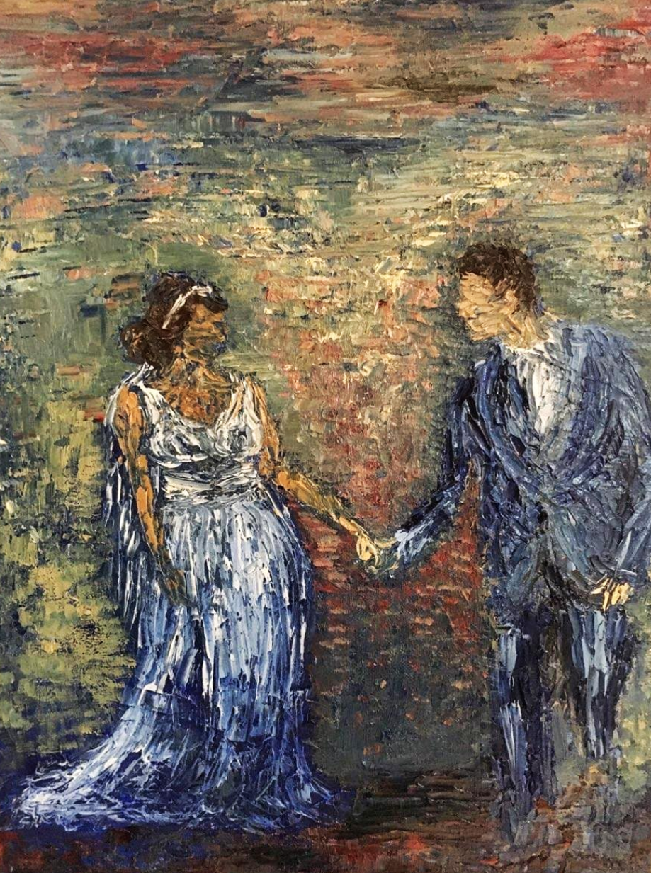An impressionist painting of a man in a suit holding hands with a woman in a dress outdoors, with a colorful, textured background.