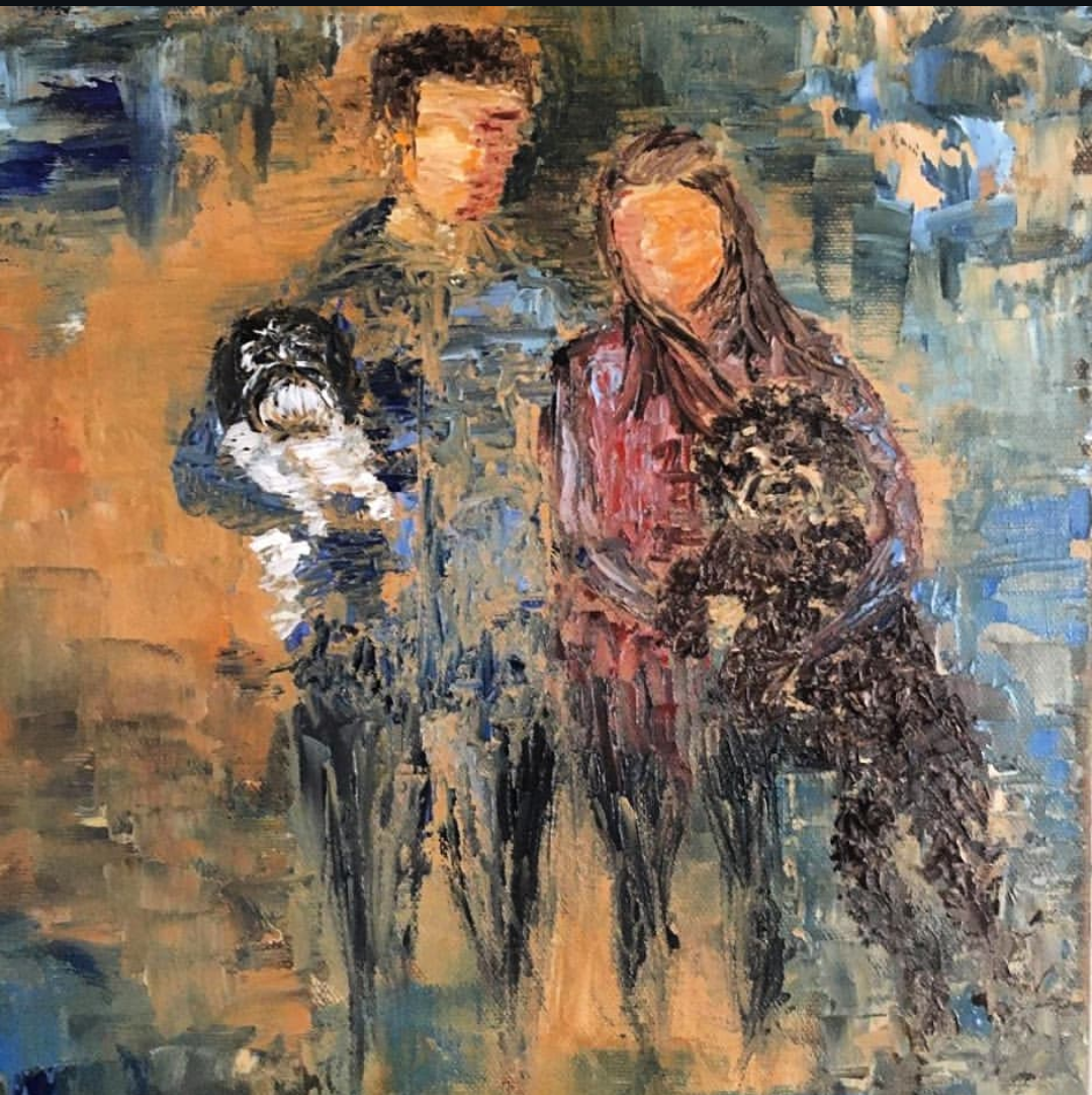 An impressionist painting of two children holding puppies, with a blurred background.