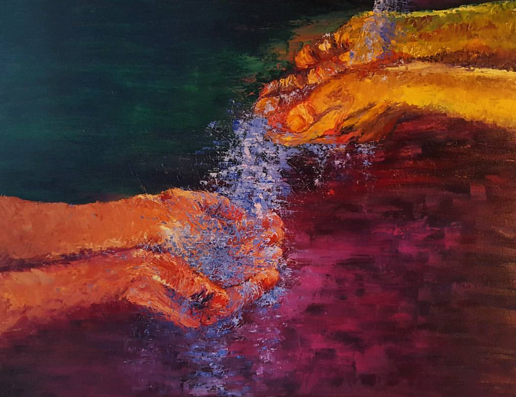An abstract painting of two hands holding and splashing water into a body of water, with vibrant colors including orange, yellow, purple, and green.