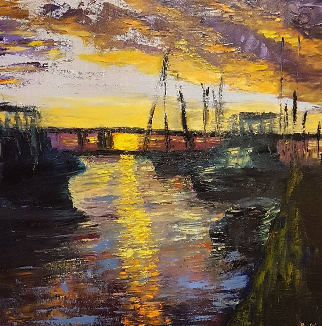 Oil painting of a harbor at sunset, with boats and a colorful sky reflecting on the water.
