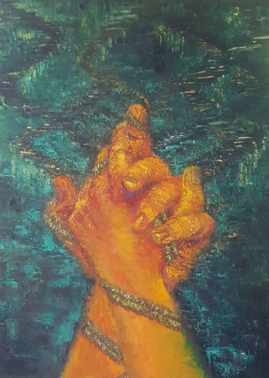 Close-up of a colorful painting of two hands intertwined, with an emphasis on the fingers and the jewelry worn on them, against a textured background.