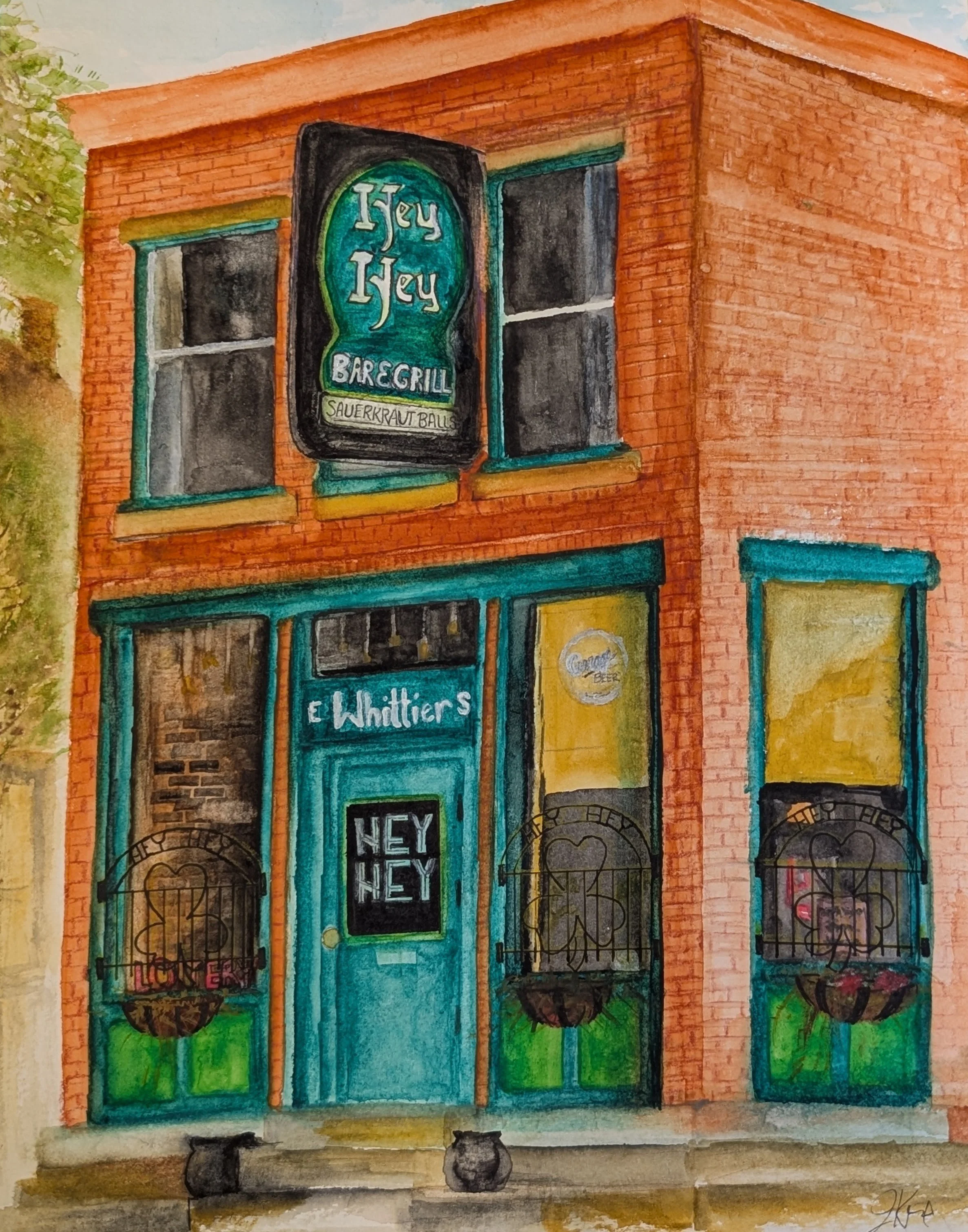 Watercolor painting of a brick building with a sign that says "Hey Hey" and "Bare Grill". The building has three visible windows and a door with a small potted plant in front.