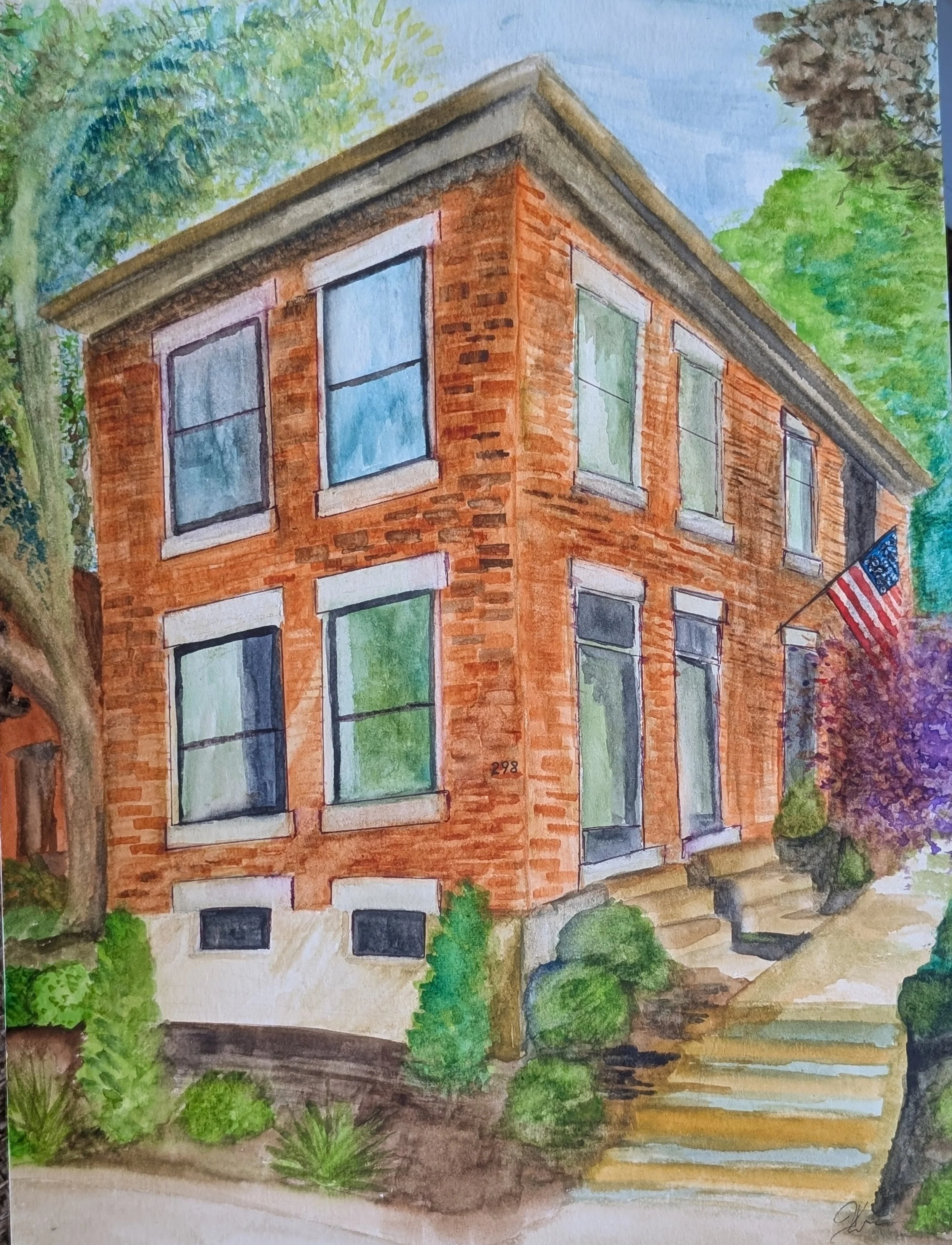 Watercolor painting of a brick building with large windows, surrounded by green trees and bushes, with a blue sky overhead.