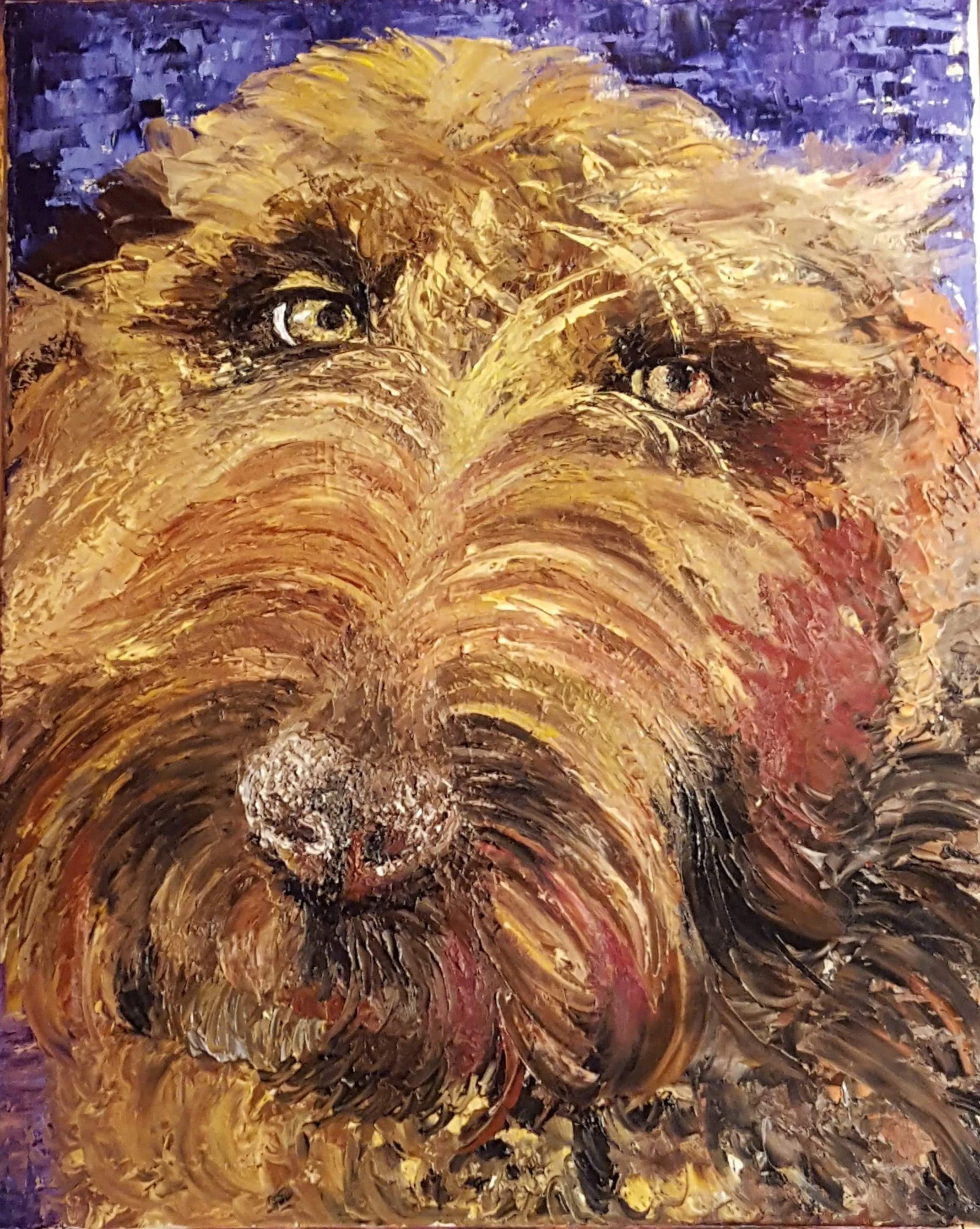 Abstract painting with swirling brushstrokes in shades of gold, black, brown, and purple, creating a textured appearance.