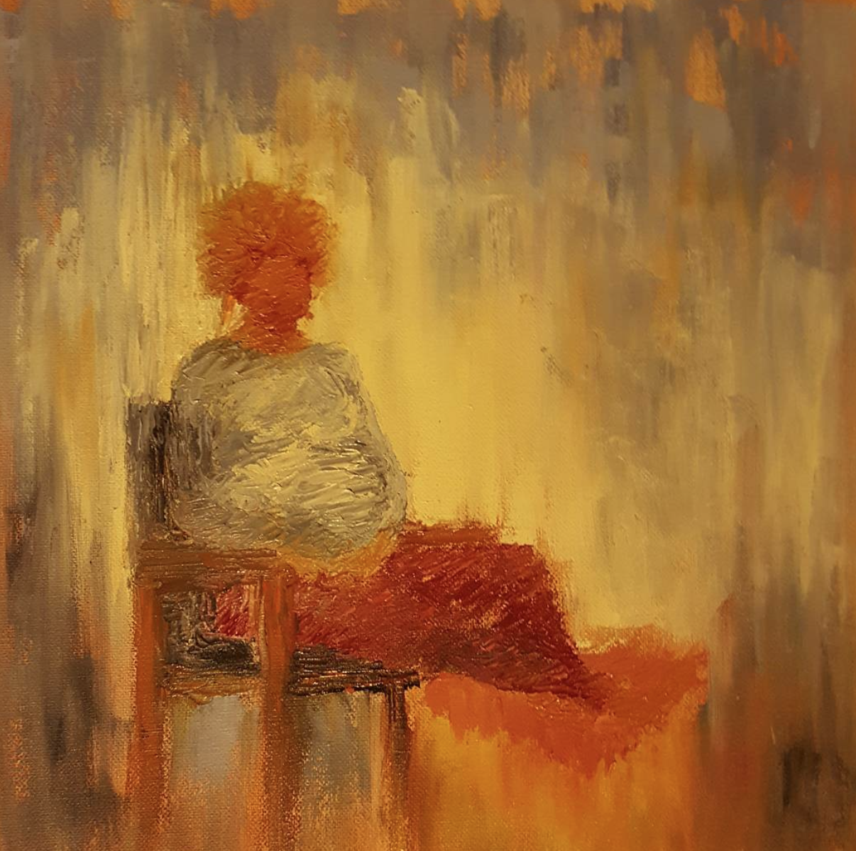 An impressionist painting of a woman with orange hair sitting on a wooden chair, wearing a light-colored top and a red skirt, against a warm, textured background.