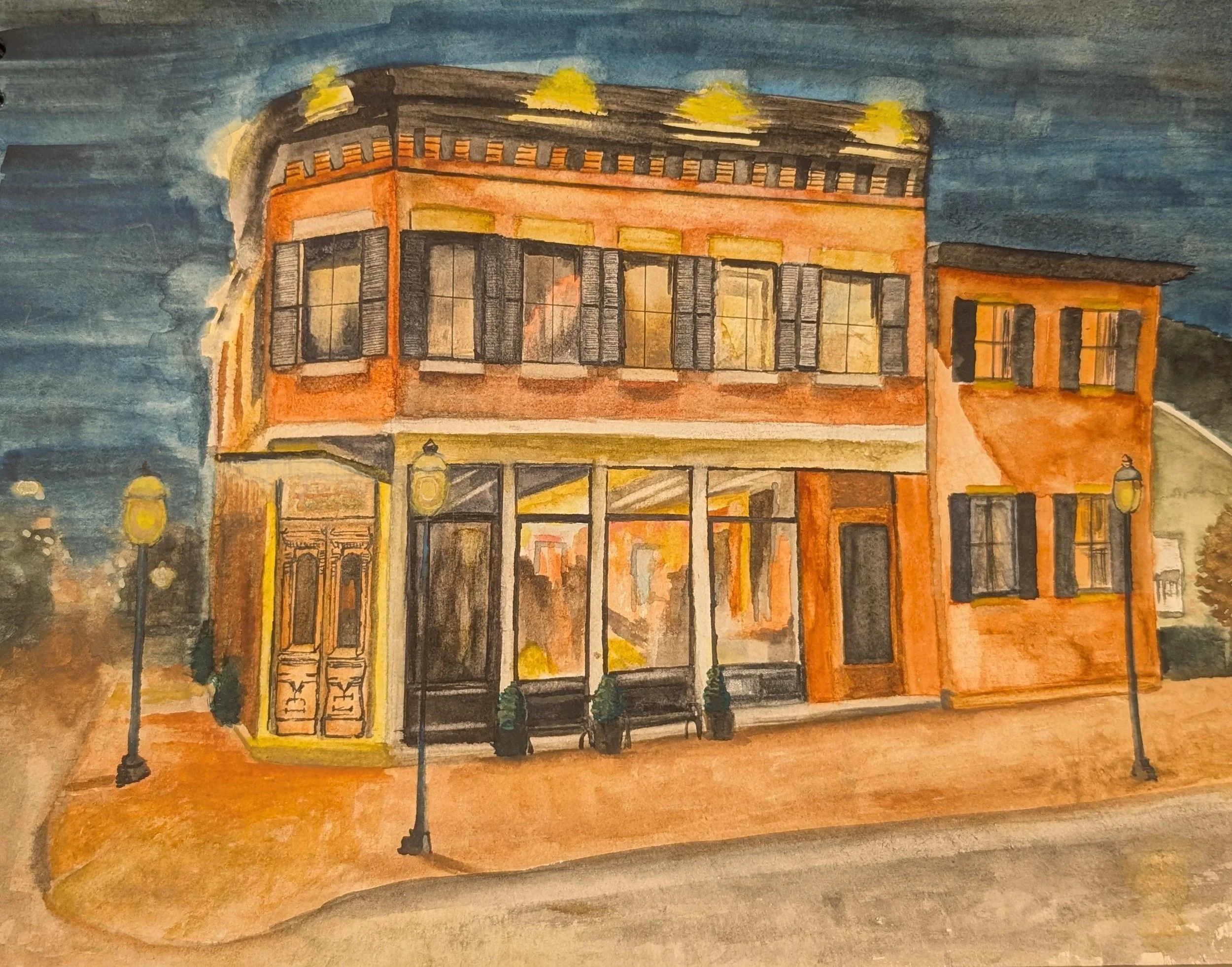 Watercolor painting of a multi-story building with large windows, warm lighting, black shutters, surrounded by street lamps and a dark evening sky.