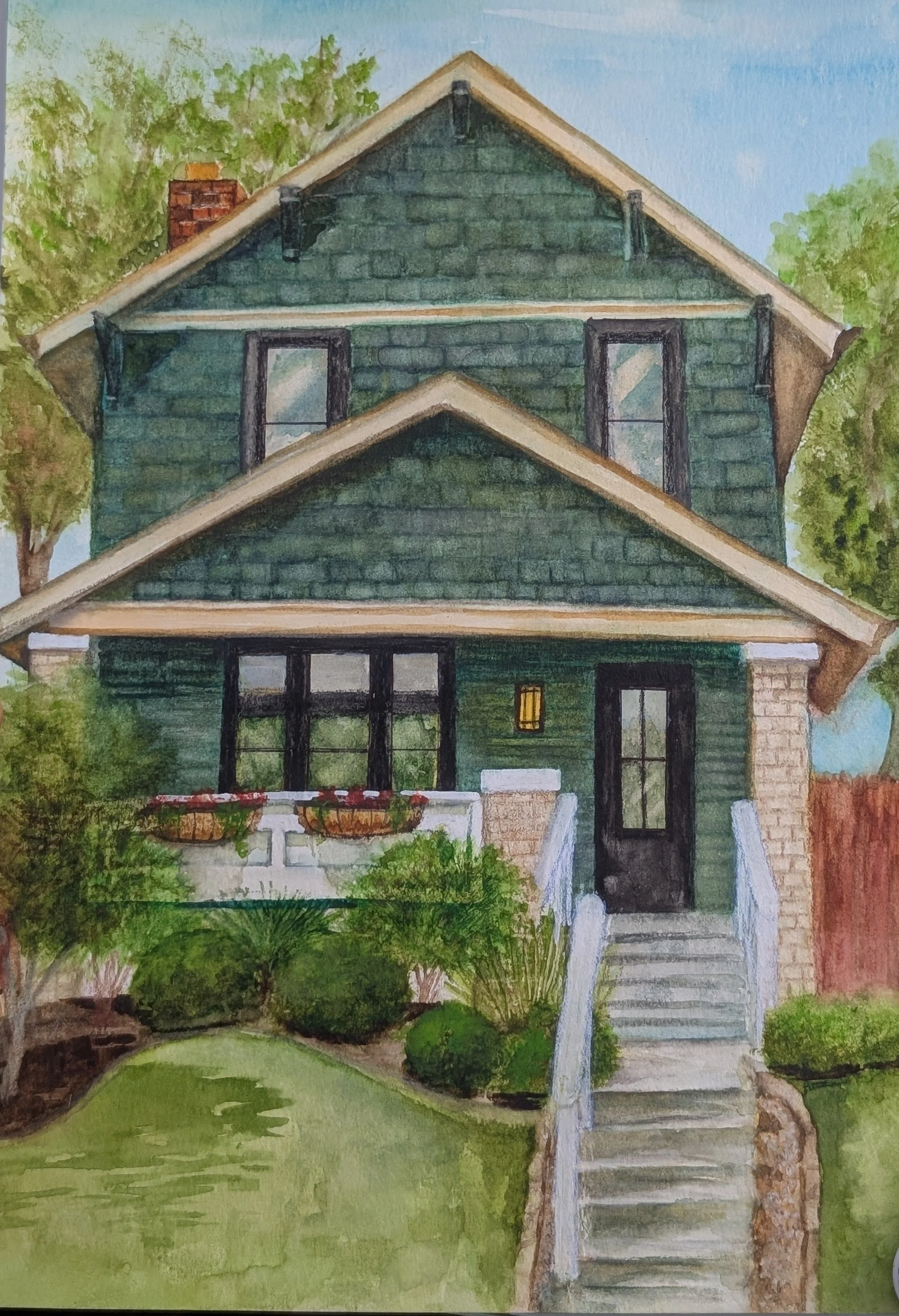 Watercolor painting of a green house with a gabled roof, black window frames, a porch with white railing and potted plants, and steps leading up to the front door, surrounded by trees and greenery.