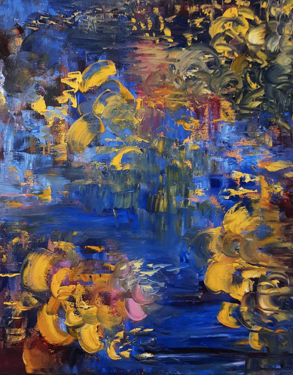 An abstract painting featuring bold, swirling brushstrokes in blue, yellow, pink, and purple, creating a vibrant, textured landscape.