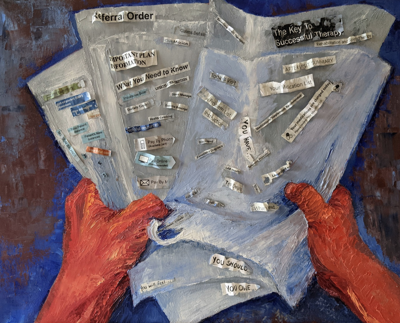 Painting of a person holding a newspaper with headings such as 'Referral Order,' 'Important Plan Information,' and 'The Key to Successful Therapy,' including various healthcare-related information, with the person's hands and part of the newspaper visible.