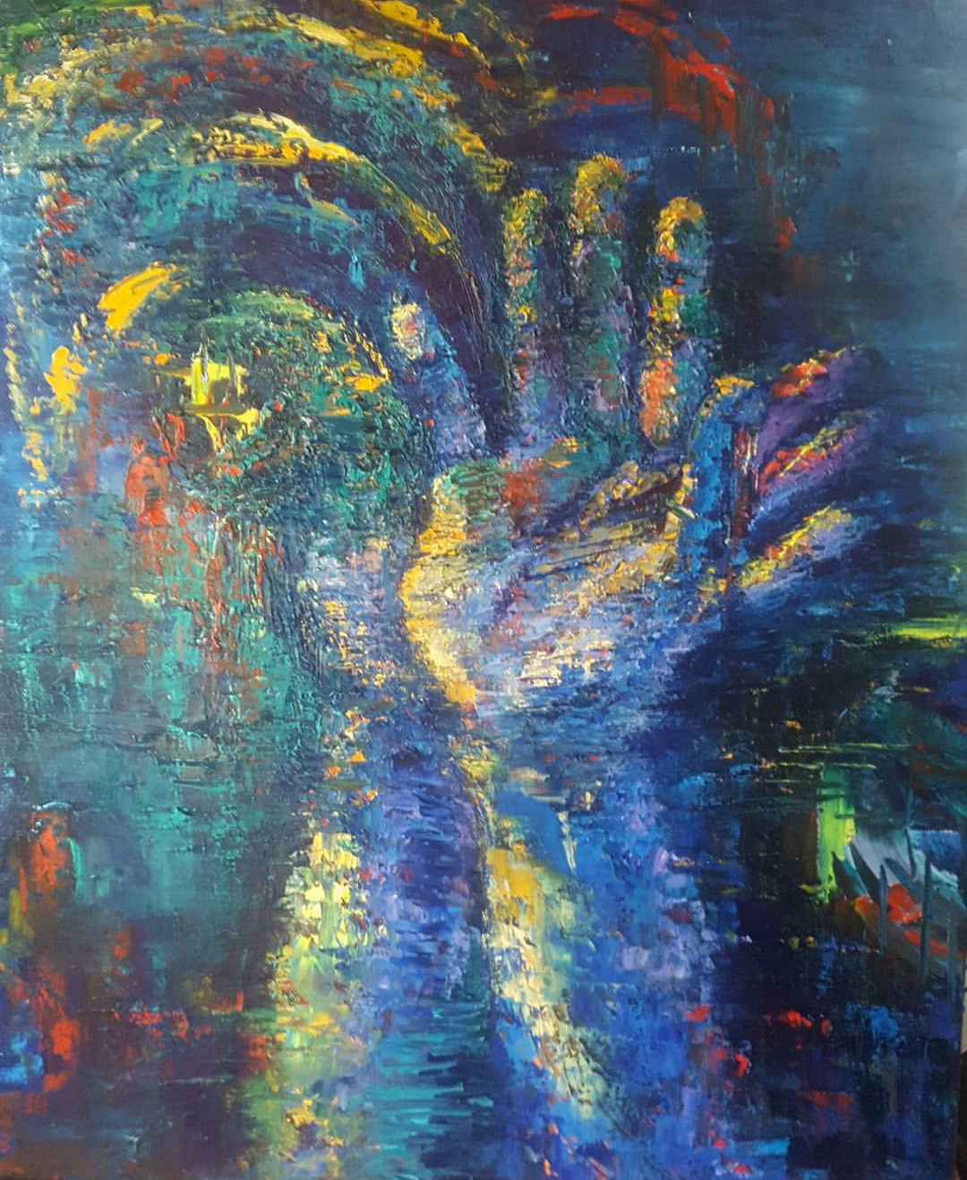 Abstract painting with vibrant strokes of blue, yellow, green, and red, depicting a distorted cityscape with reflections on water.