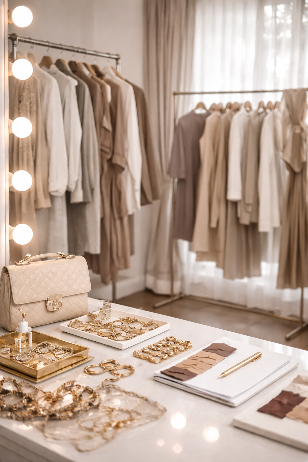 Display of beige and cream-colored clothing, jewelry, and accessories in a boutique fitting room with warm lighting and sheer curtains.