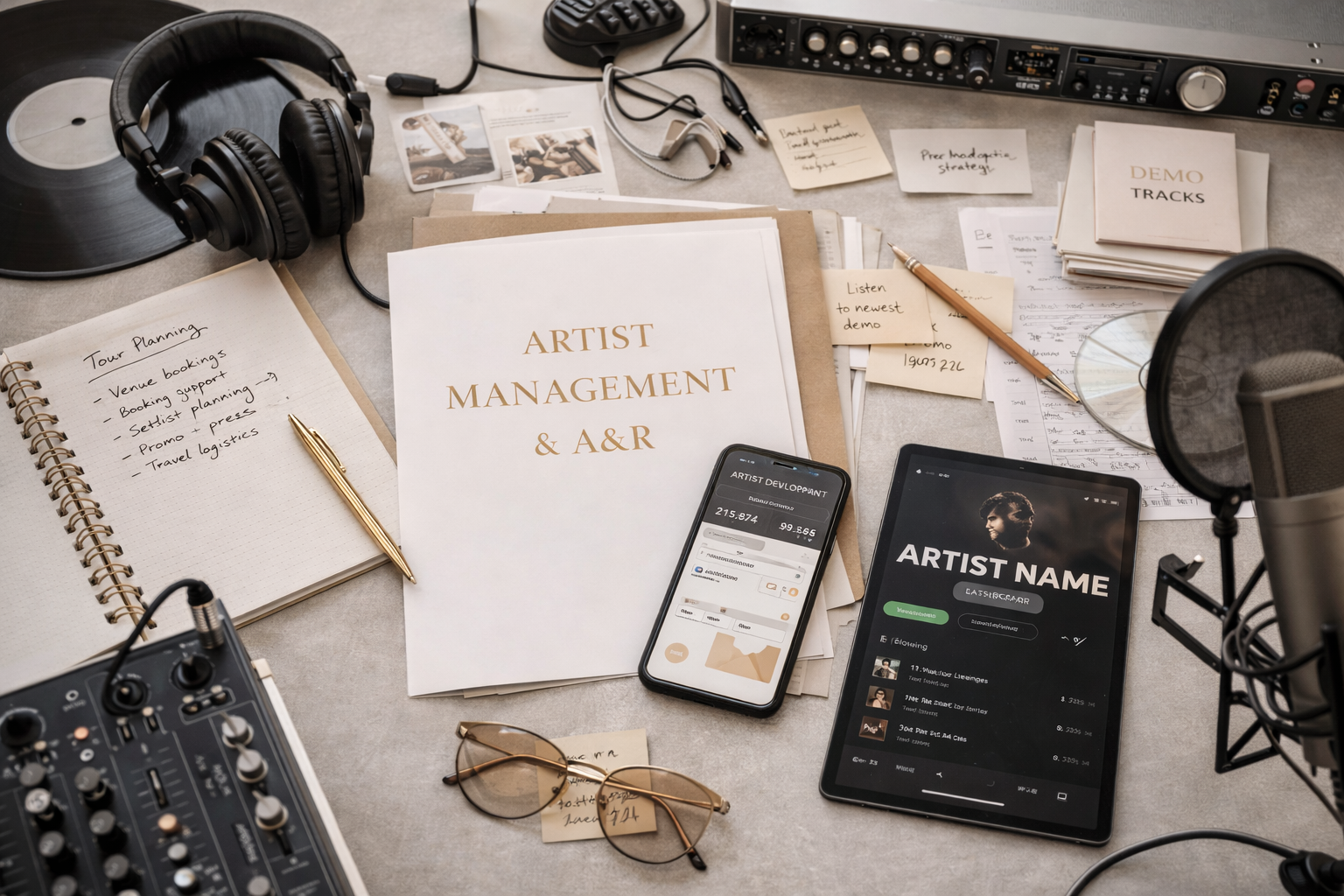 Music production workspace with headphones, microphone, tablet, smartphone, notebooks, notes, and various audio equipment.