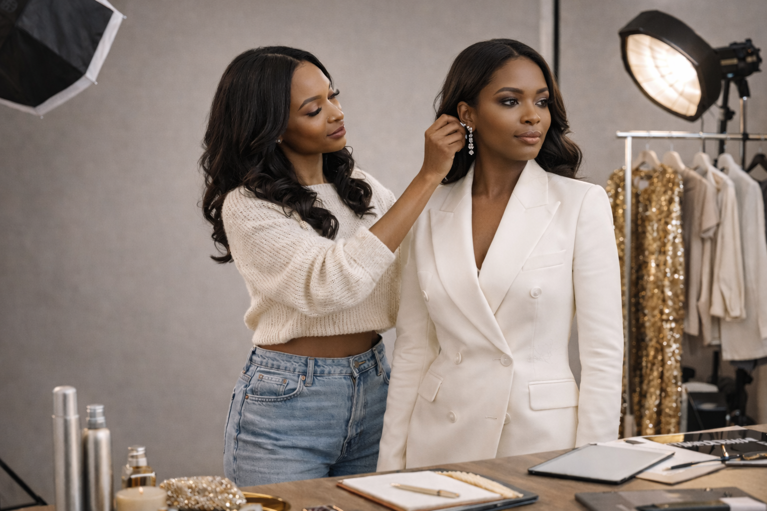 A woman in a white blazer is having earrings adjusted by another woman in a cream-colored sweater in a studio setting with lighting equipment and clothing racks in the background.