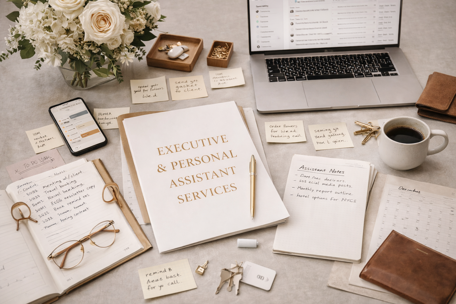 A cluttered desk with a laptop, coffee mug, smartphone, glasses, notebooks, sticky notes, and a folder marked 'EXECUTIVE & PERSONAL ASSISTANT SERVICES.'