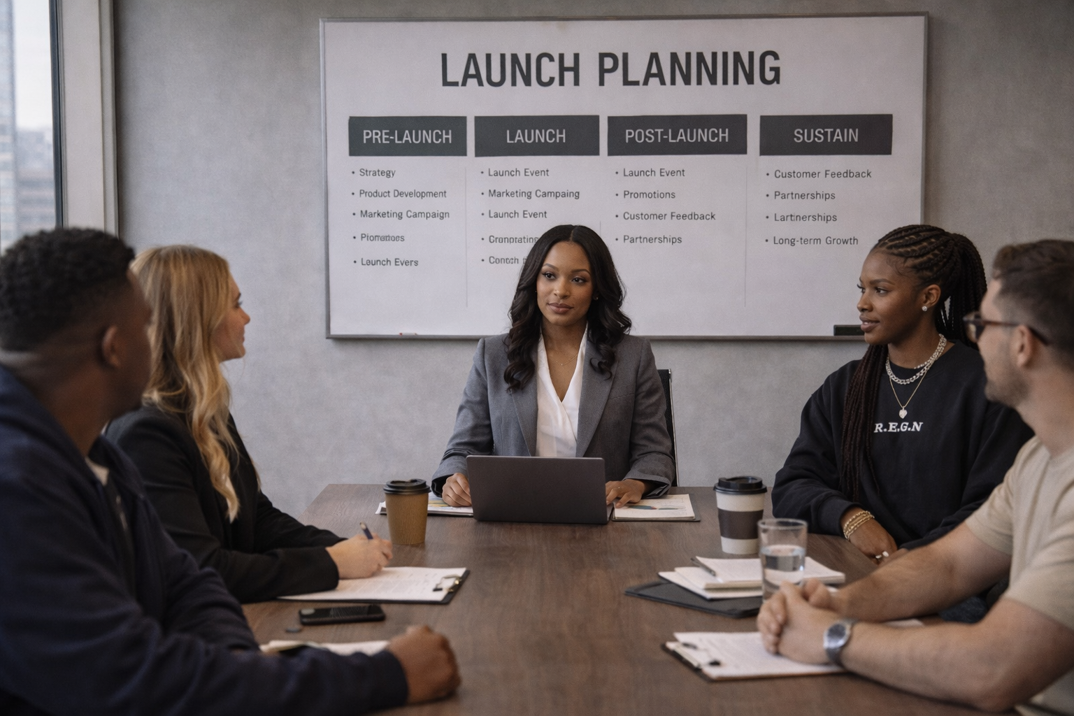 A diverse group of people attending a launch planning meeting in a conference room, sitting around a table with notes, coffee cups, and a laptop, with a detailed launch planning chart on the wall.