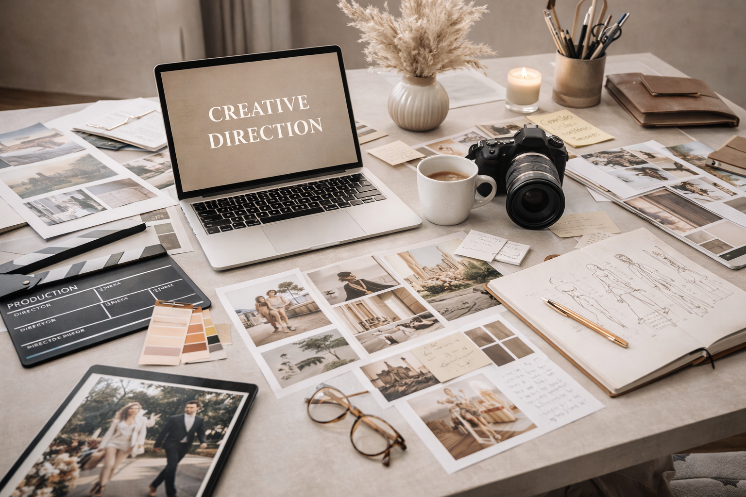 A creative workspace with a laptop displaying 'Creative Direction,' surrounded by photographs, sketches, notebooks, a camera, a coffee mug, a candle, glasses, and art supplies on a desk.