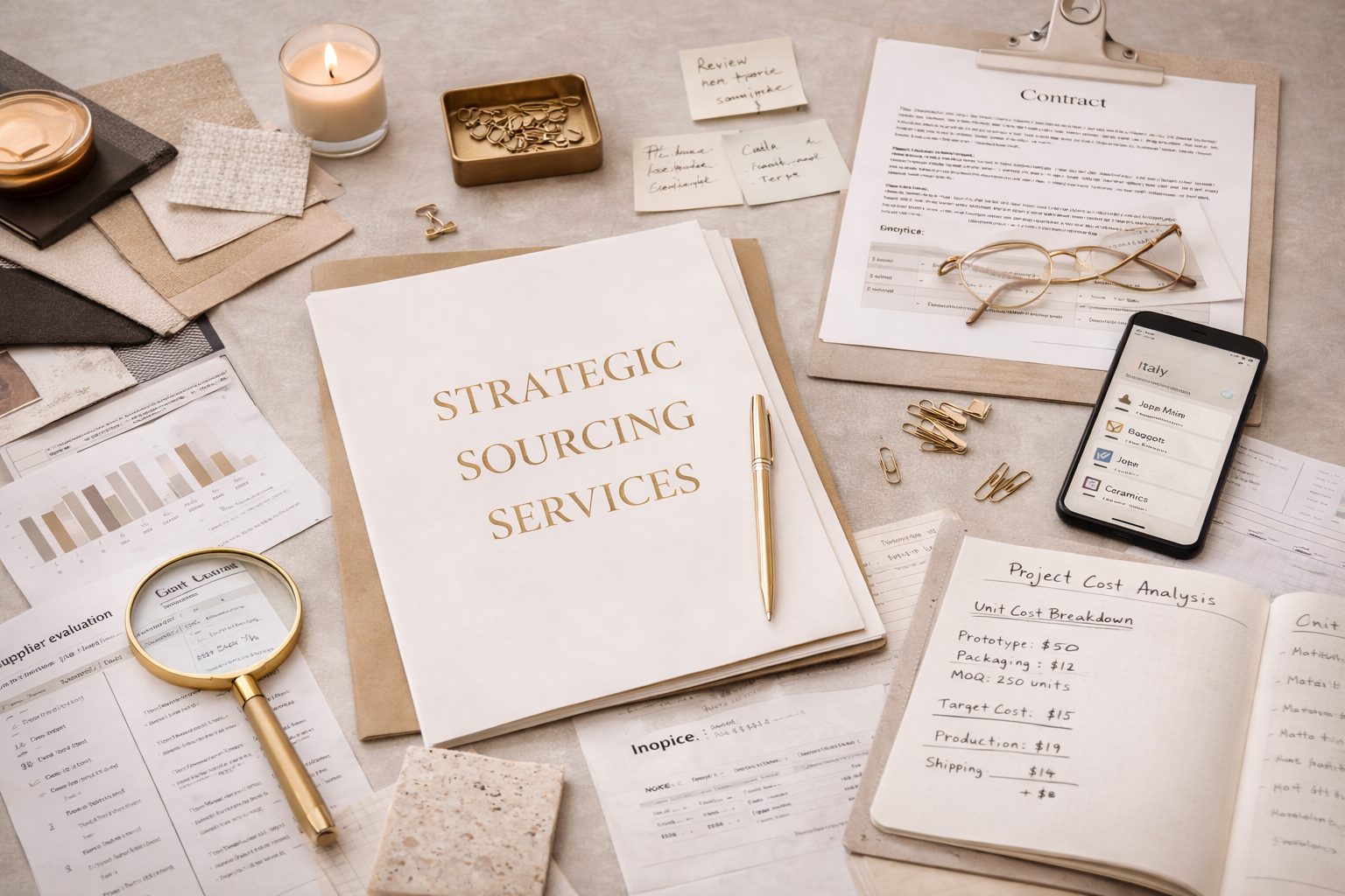 Desk cluttered with business documents, notes, stationery, a candle, eyeglasses, and a smartphone displaying Italy travel options.