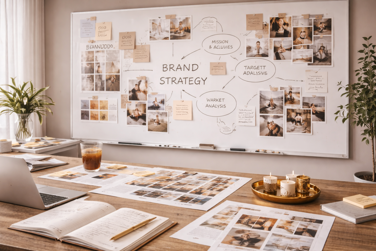 A workspace featuring a whiteboard with a brand strategy diagram, photos of people and products, and notes. The table has papers, a laptop, a glass of iced tea, and a tray with candles.