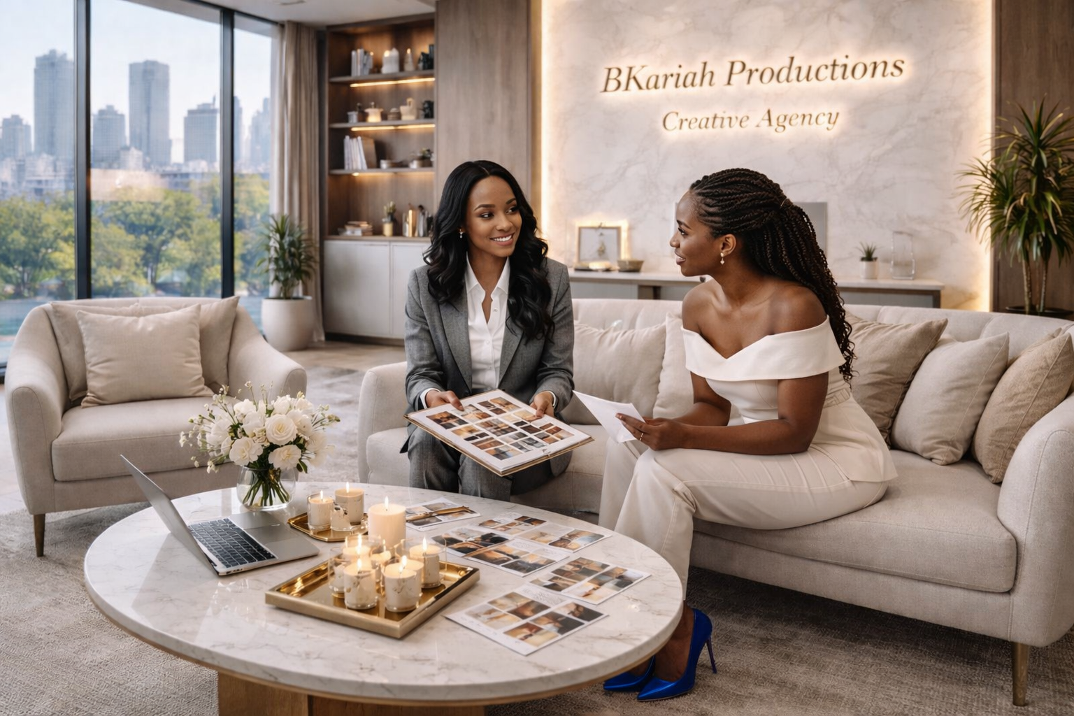 Two women having a business meeting in a cozy, modern office with city skyline view,Discussing design samples with printed images,established company sign on wall reading 'BKariah Productions Creative Agency',Decorated coffee table with candles, flowers, and a laptop.