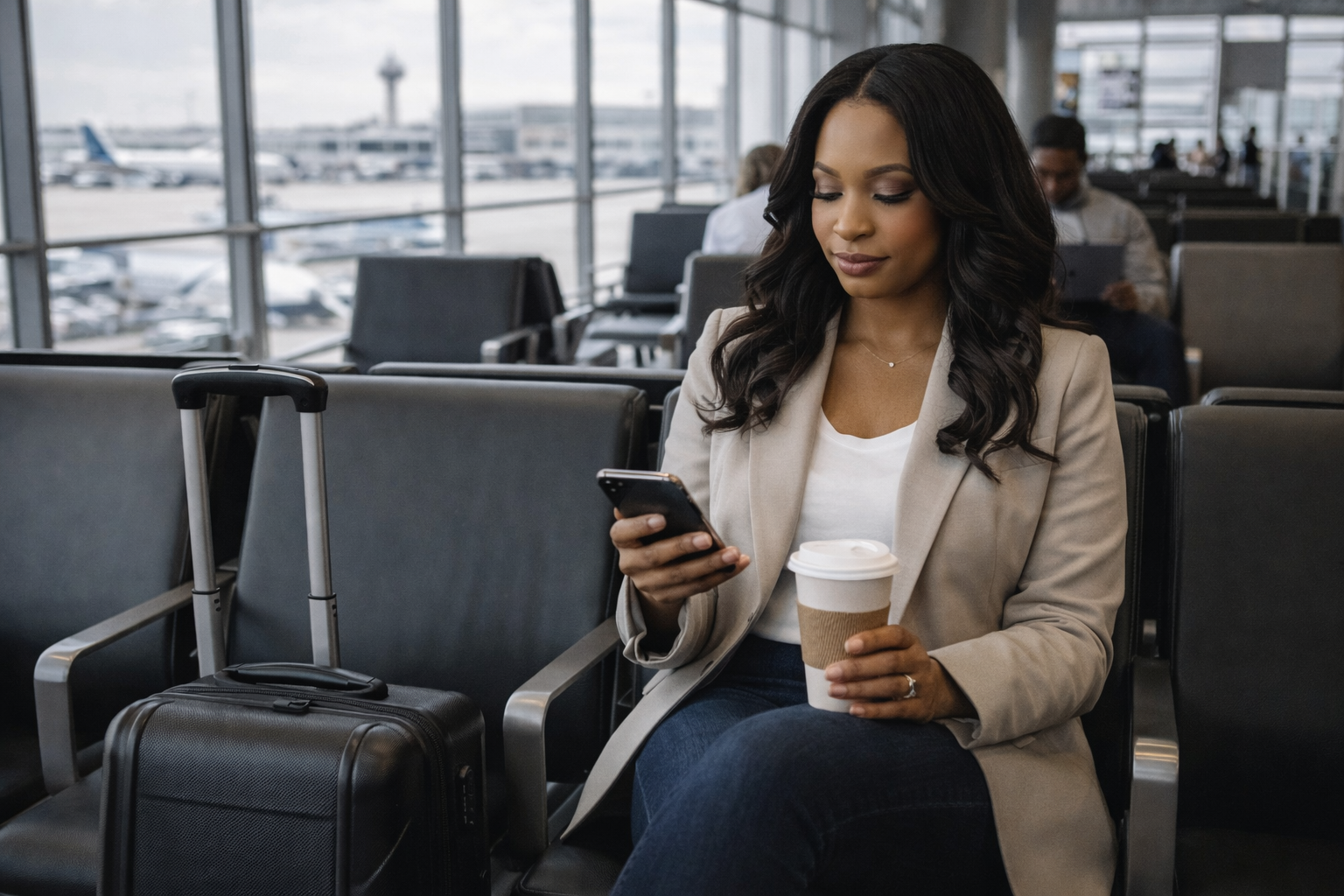 A woman sitting in an airport terminal with a carry-on suitcase, looking at her phone, holding a coffee cup.