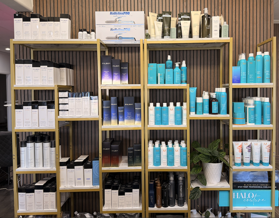 We use Milbon, Aveda and Moroccon Oil products. Also available for purchase in the salon.