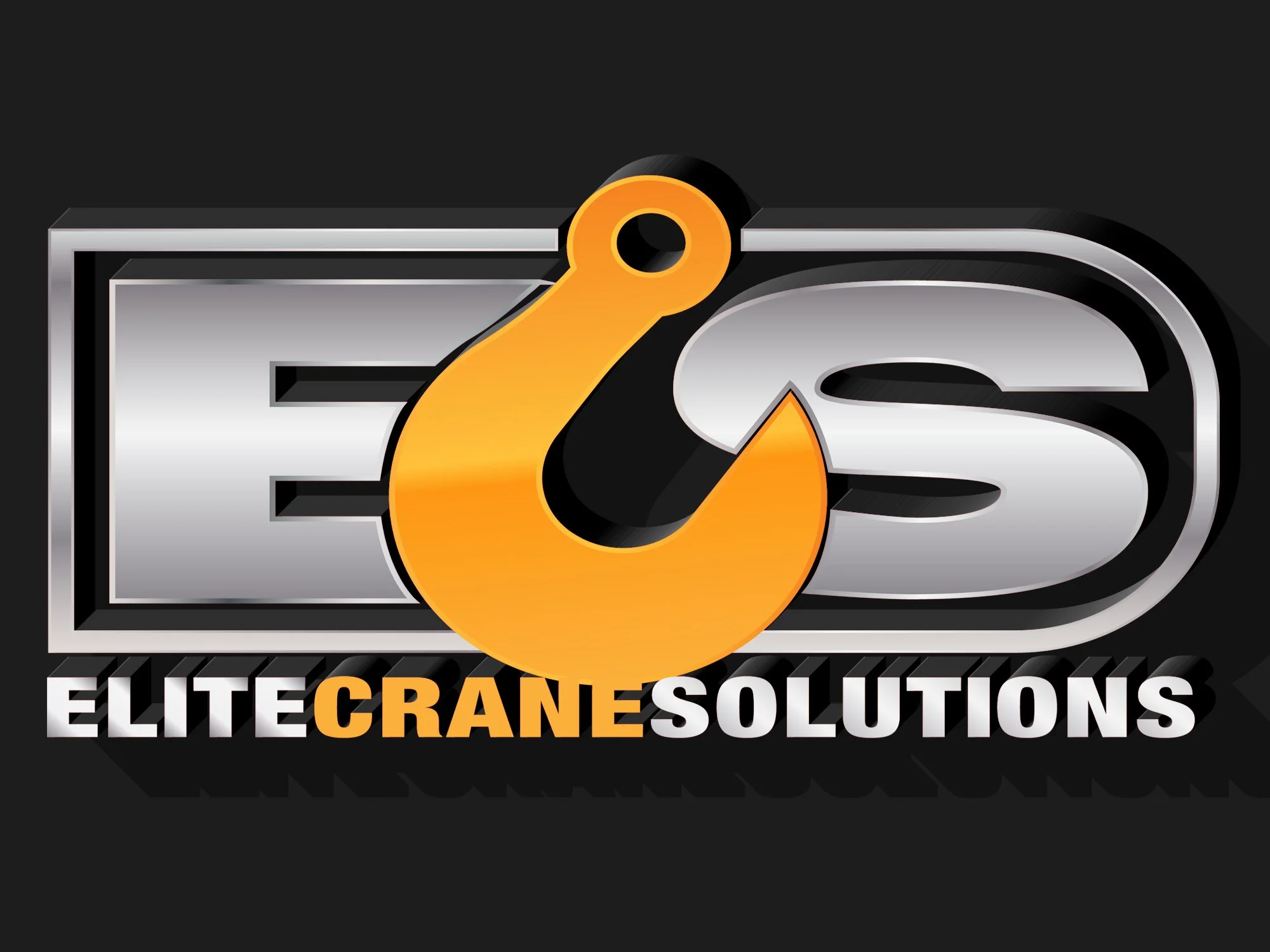 Logo for Elite Crane Solutions featuring bold silver letters 'E' and 'S' with a yellow crane hook overlapping the letters and the company name in black and orange text.
