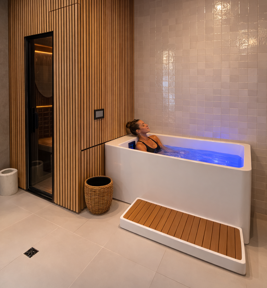 Woman relaxing in a white bathtub filled with blue-lit water in a modern bathroom with wooden paneling and beige tile walls.