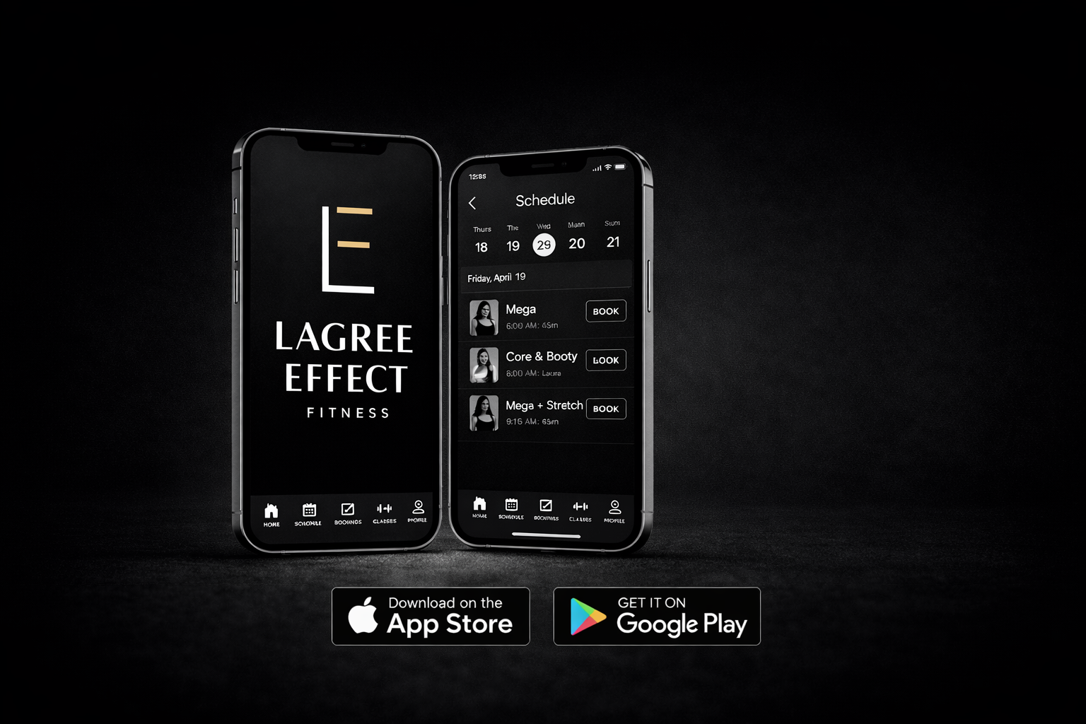 Two smartphones displaying a fitness app named Lagree Effect, with one screen showing the app's logo and the other showing a schedule with appointments booked for fitness classes, along with download options for the App Store and Google Play.