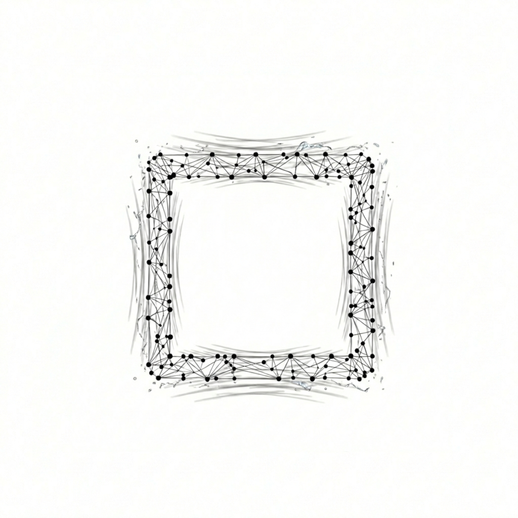 Abstract black and white digital artwork featuring a square geometric pattern with interconnected points and lines on a white background.