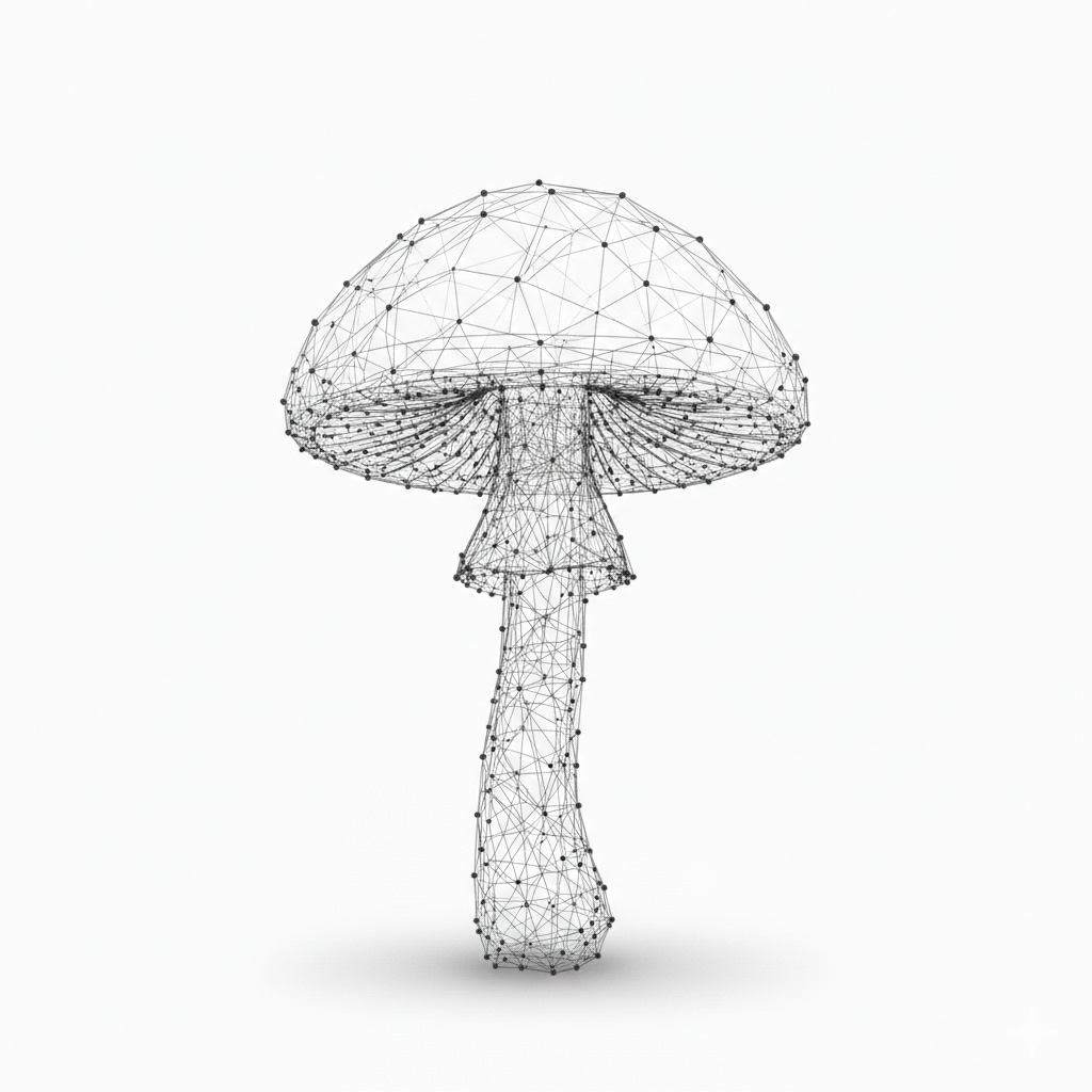 Digital wireframe representation of a mushroom with a stem and cap, made up of connected dots and lines.