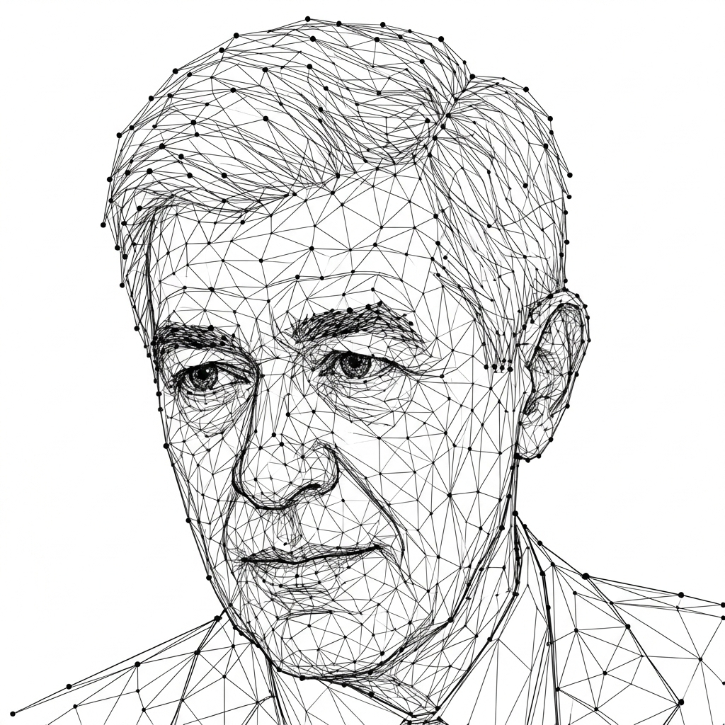 A digital wireframe portrait of Karl Friston (Predictive Processing/Free Energy Principle)
