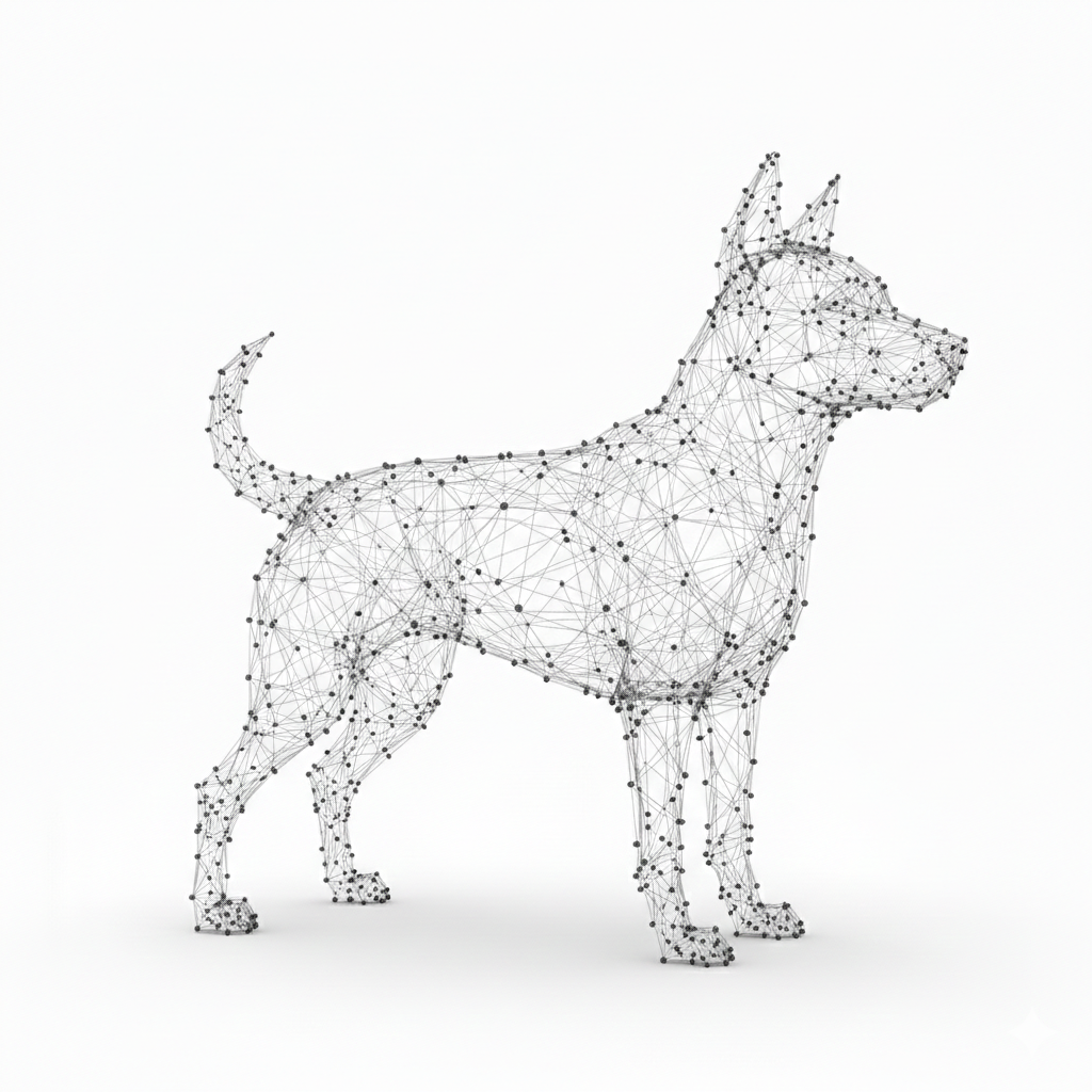 Digital illustration of a dog made of interconnected black lines and dots, forming a wireframe mesh on a white background.