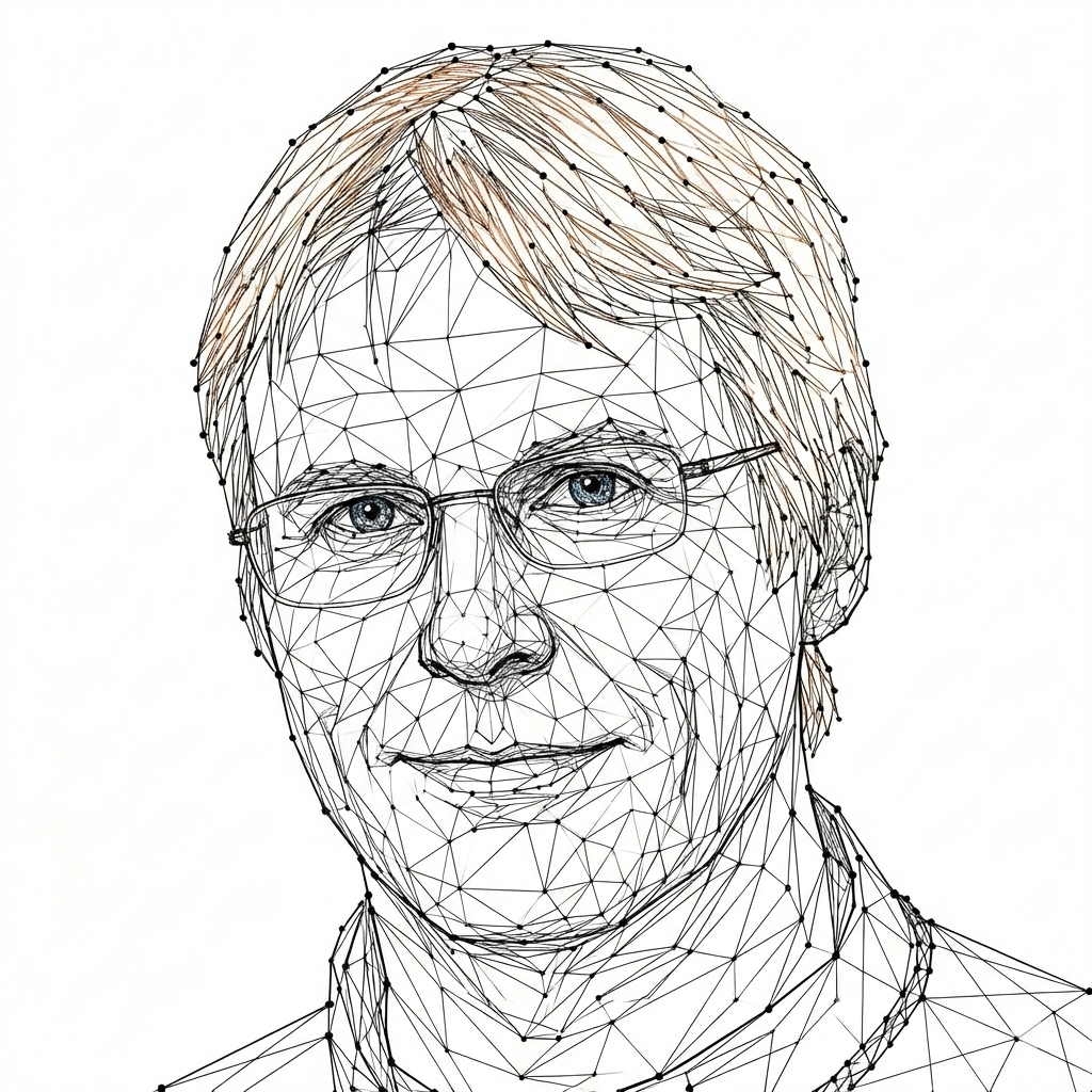 A digital wireframe portrait of Giulio Tononi (Integrated Information Theory)
