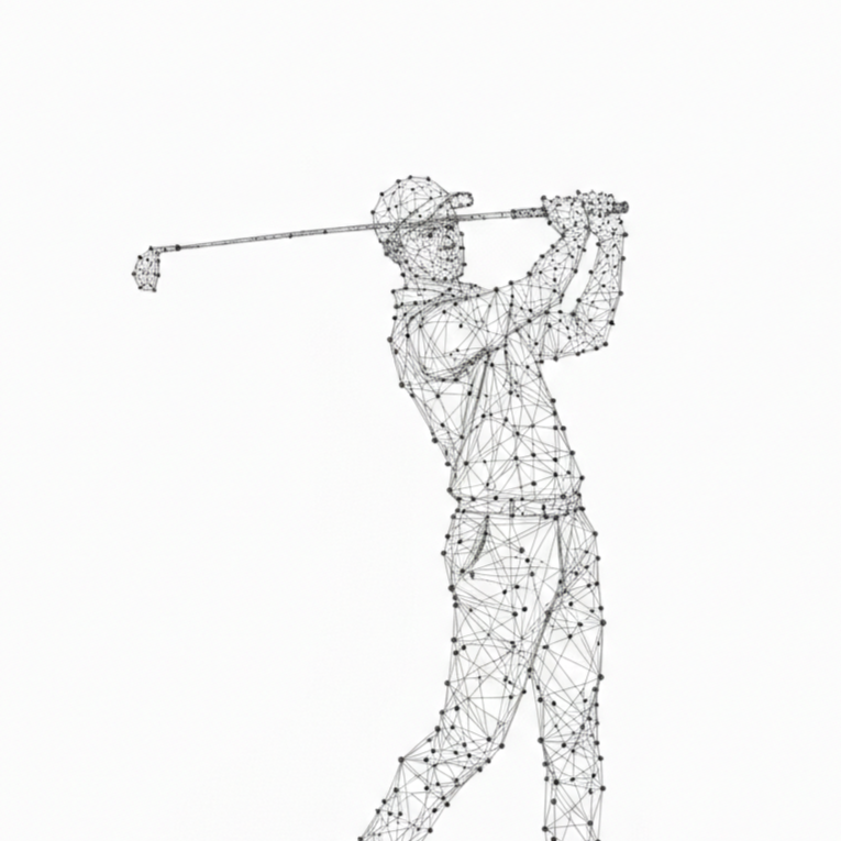 Line art illustration of a golfer swinging a club, made with interconnected black dots and lines on a white background.
