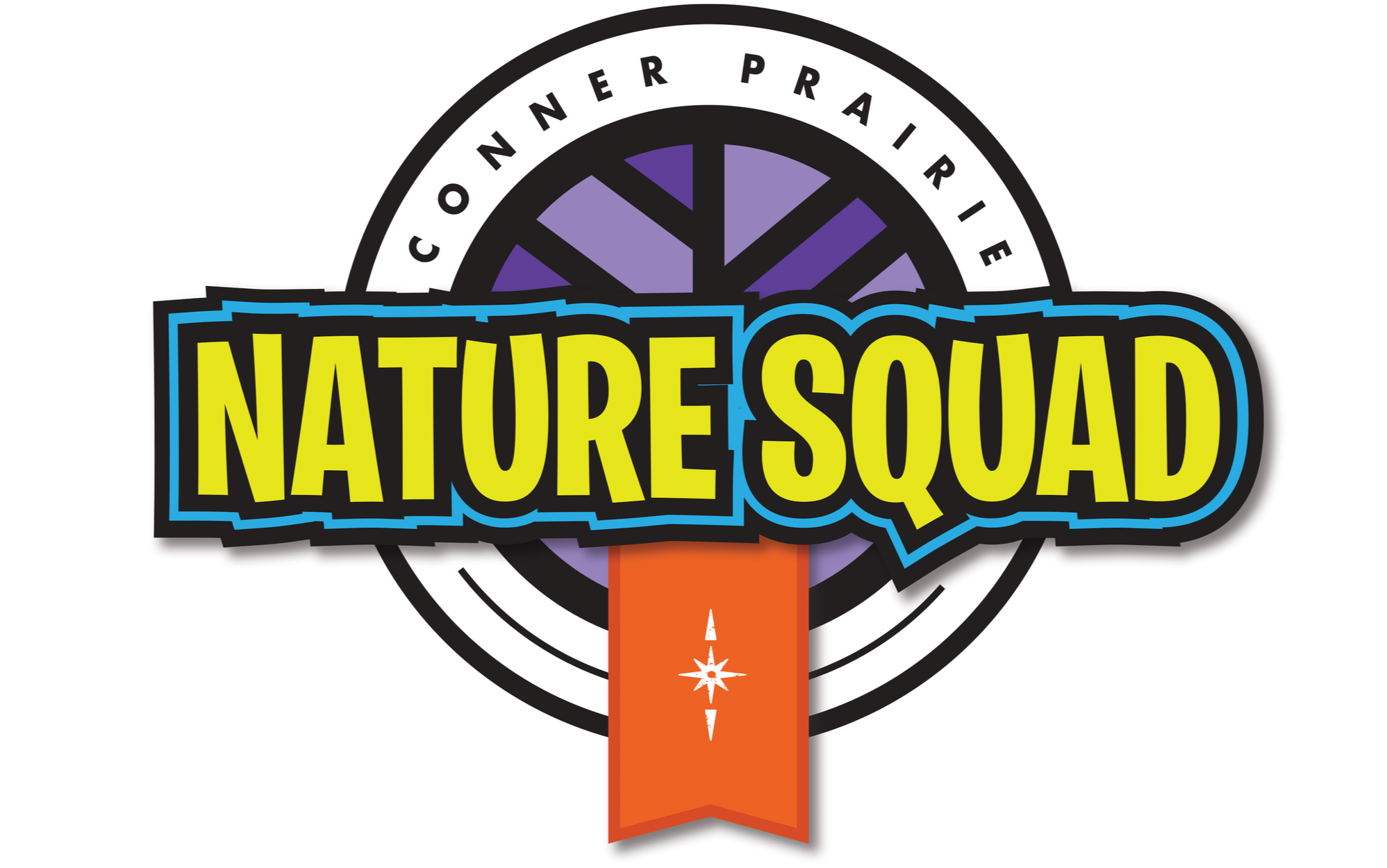 A colorful logo for 'Nature Squad' with a stylized wheel and orange ribbon/